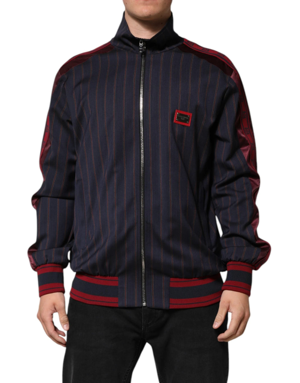 Dolce & Gabbana Blue Red Striped Logo Plaque Full Zip Jacket by Dolce & Gabbana