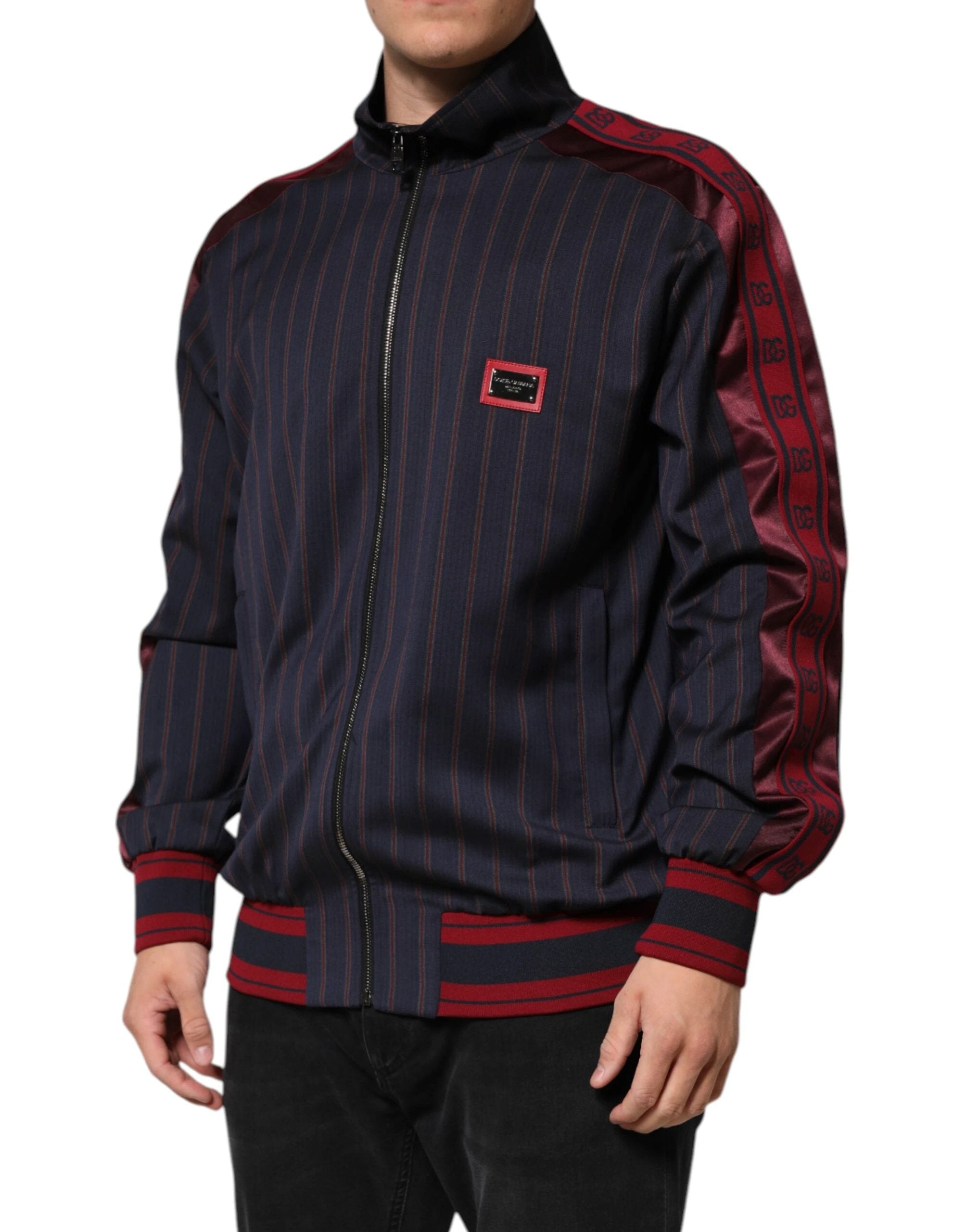 Dolce & Gabbana Blue Red Striped Logo Plaque Full Zip Jacket by Dolce & Gabbana