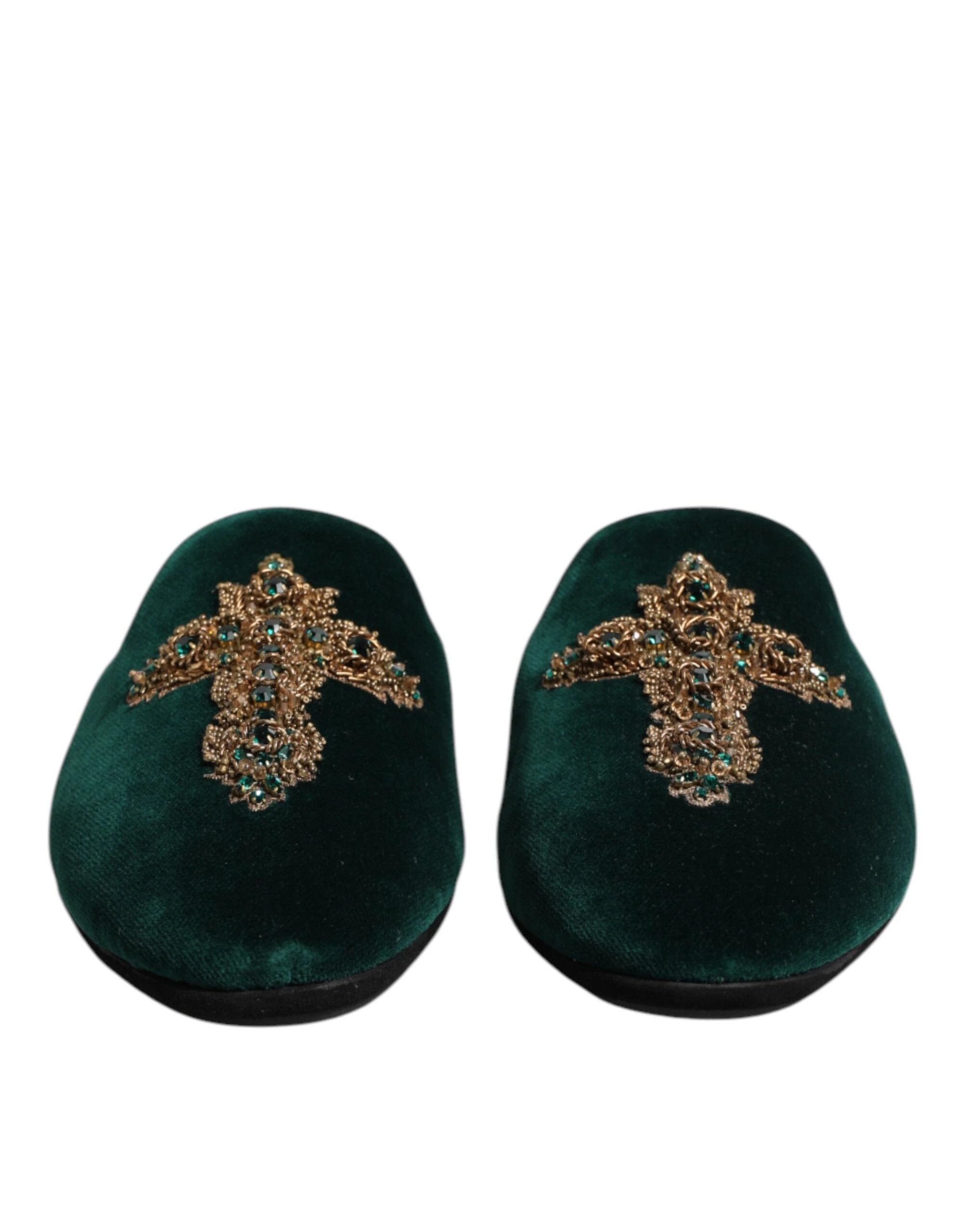 Dolce & Gabbana Green Velvet Cross Embellished Slippers Shoes by Dolce & Gabbana