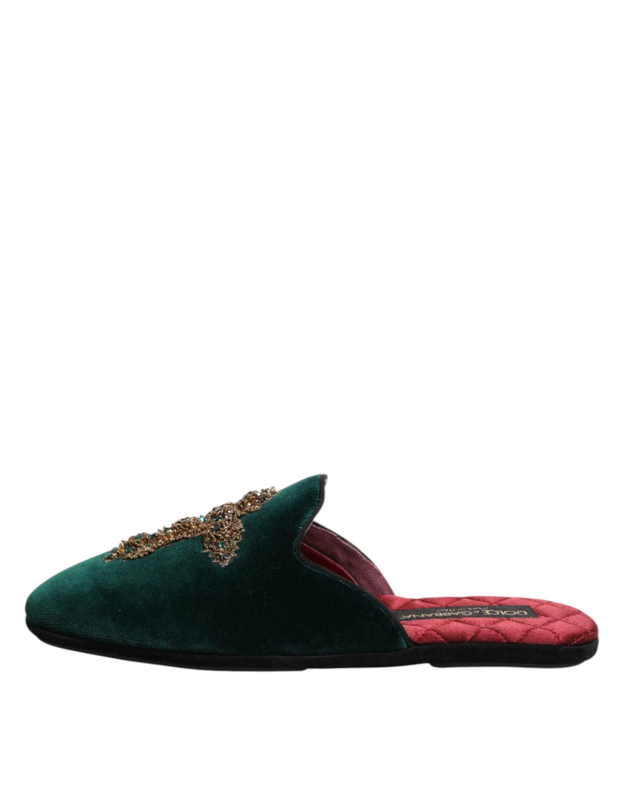 Dolce & Gabbana Green Velvet Cross Embellished Slippers Shoes by Dolce & Gabbana