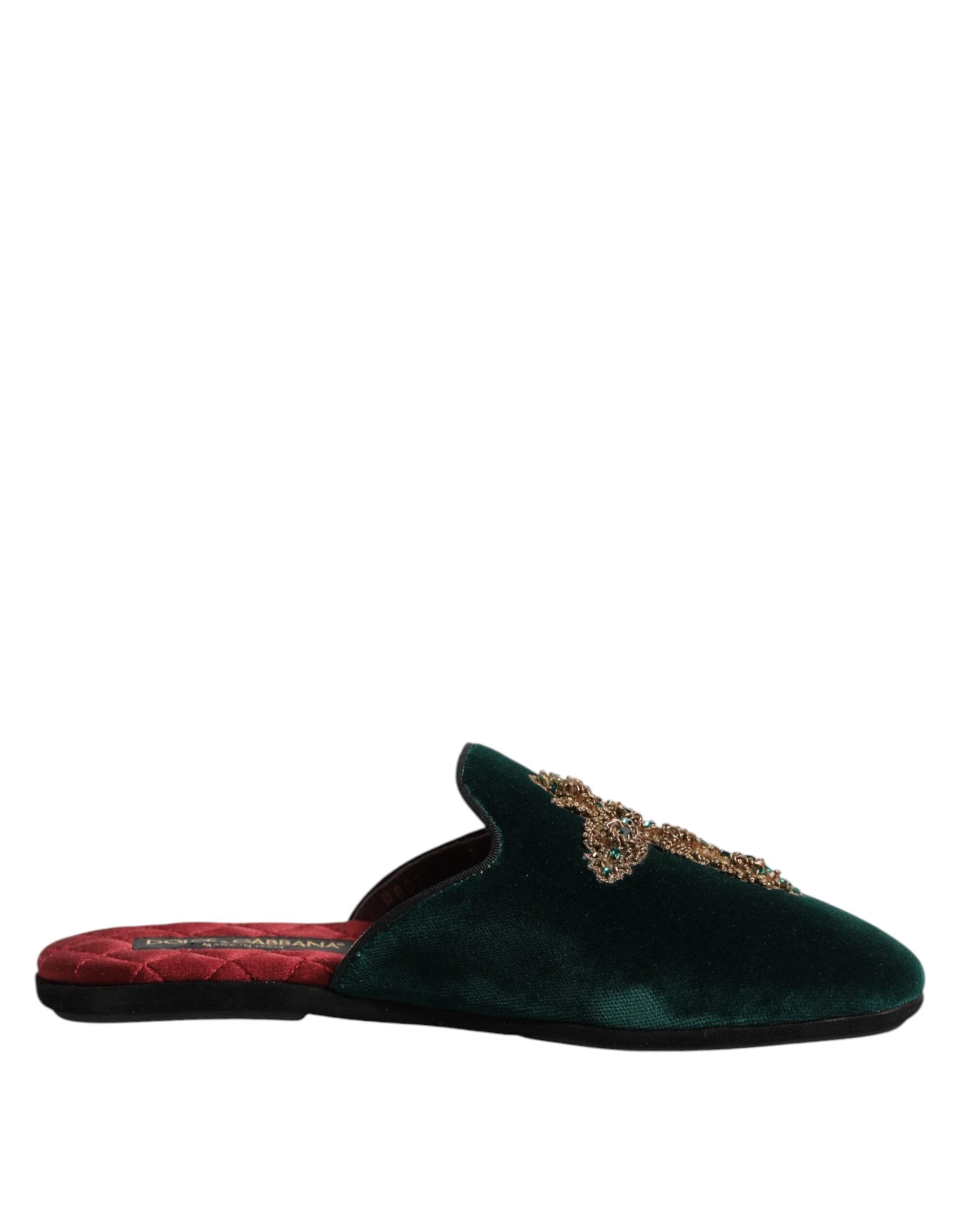 Dolce & Gabbana Green Velvet Cross Embellished Slippers Shoes by Dolce & Gabbana