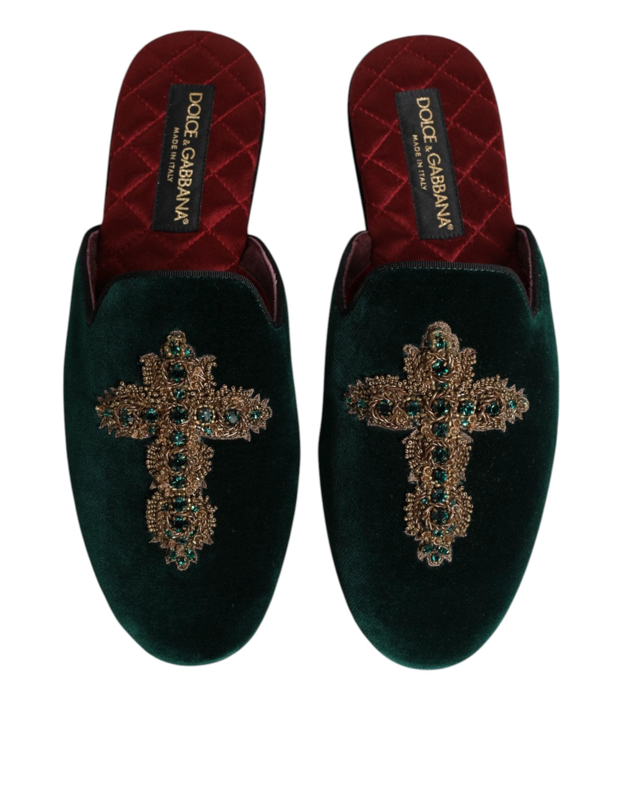 Dolce & Gabbana Green Velvet Cross Embellished Slippers Shoes by Dolce & Gabbana