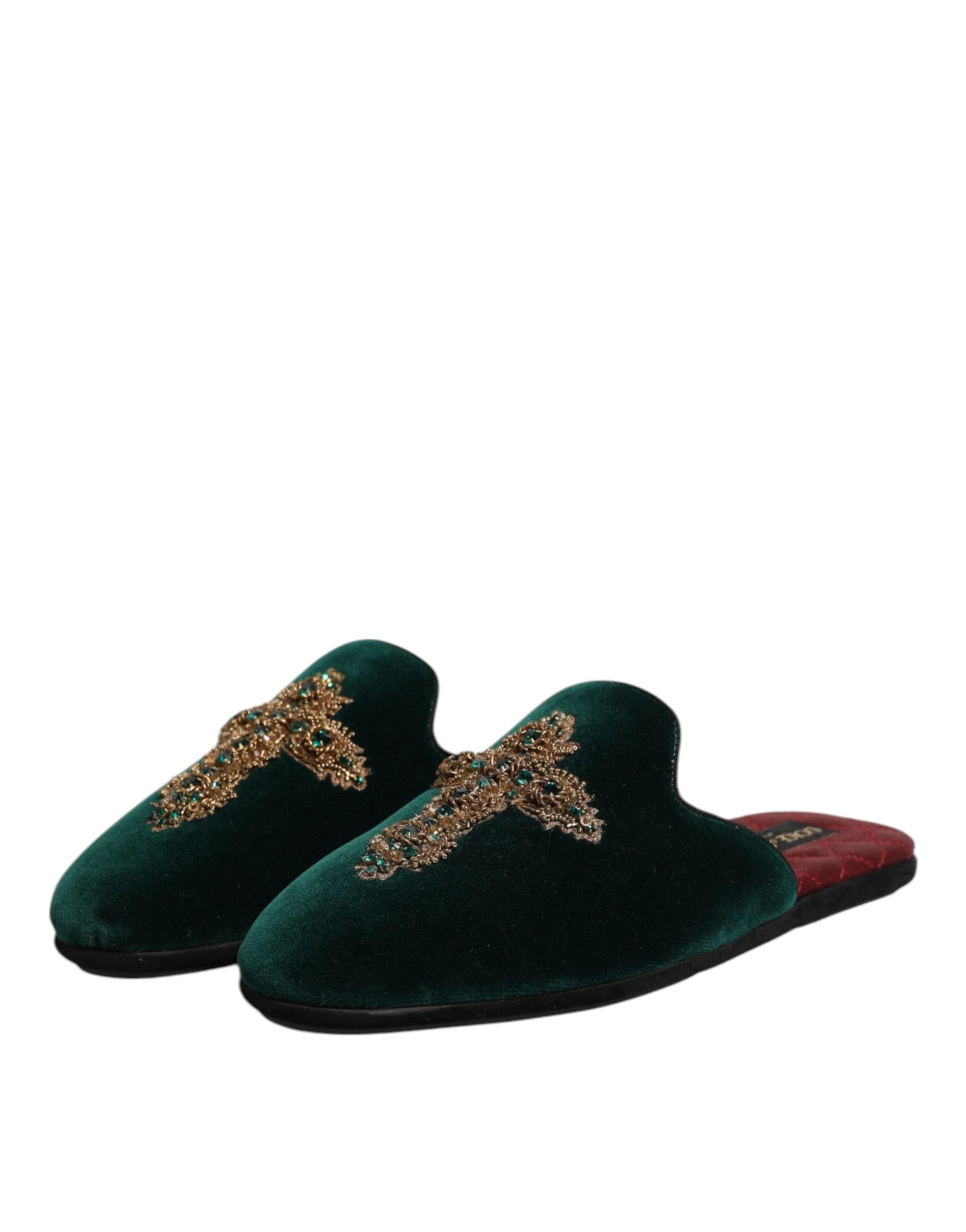 Dolce & Gabbana Green Velvet Cross Embellished Slippers Shoes by Dolce & Gabbana