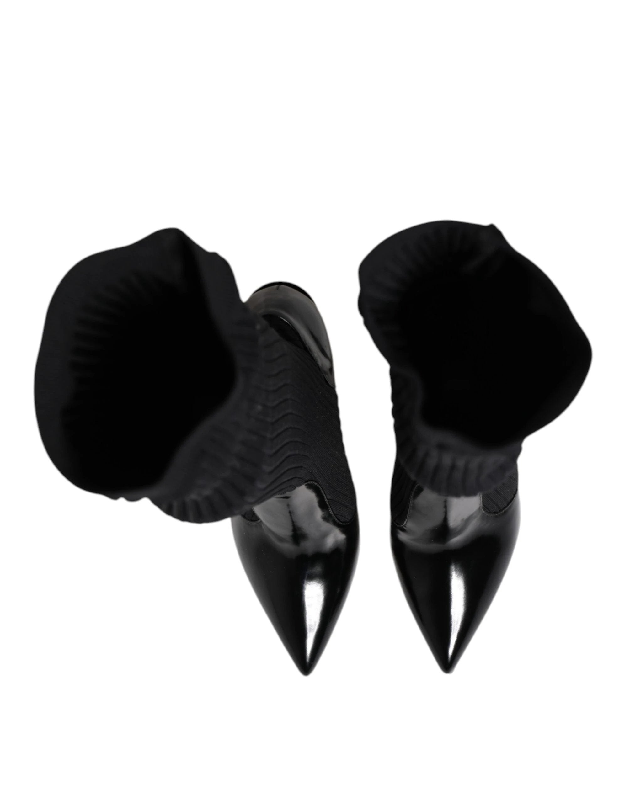 Dolce & Gabbana Black Leather Ribbed Knit Knee Boots Shoes by Dolce & Gabbana