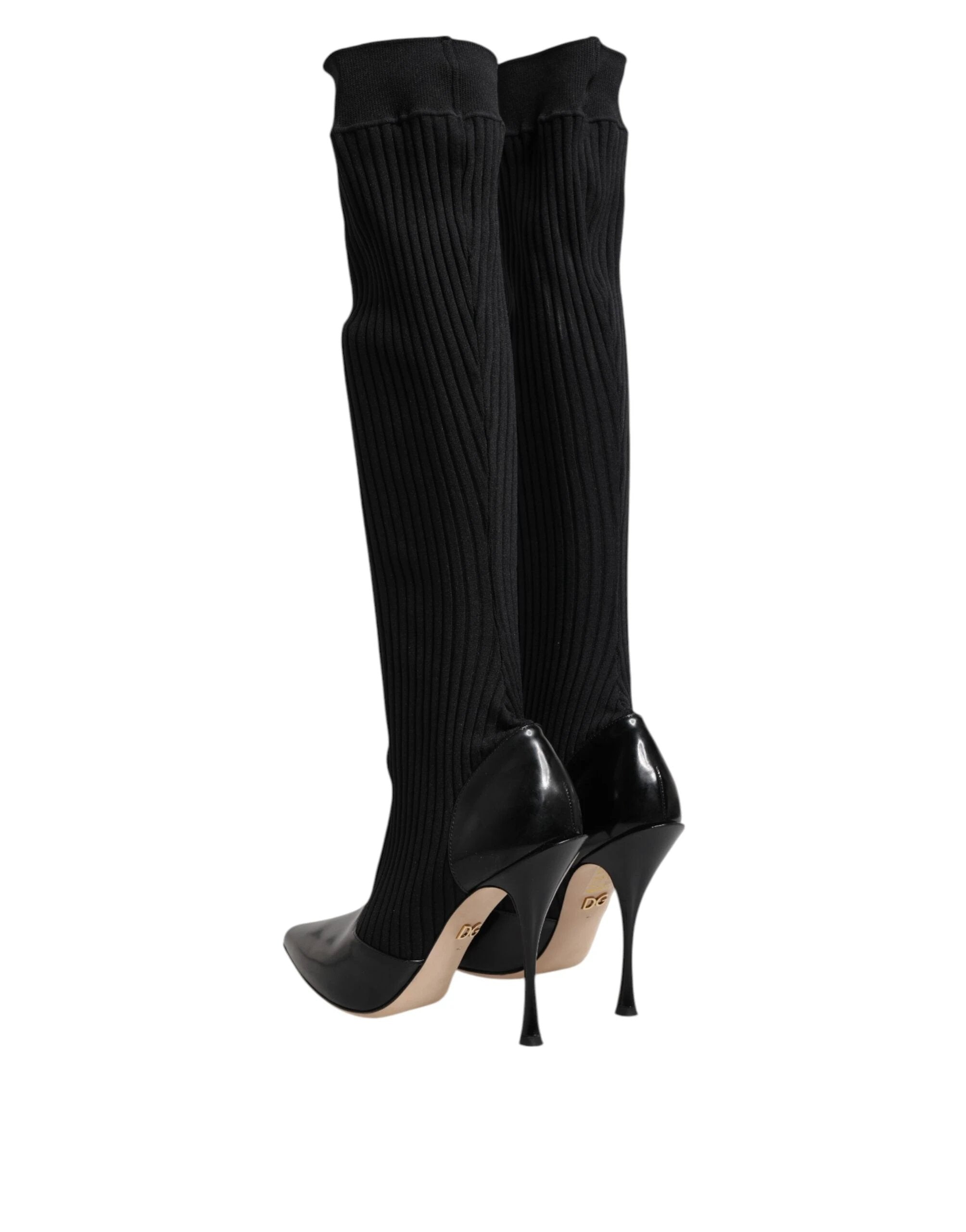 Dolce & Gabbana Black Leather Ribbed Knit Knee Boots Shoes by Dolce & Gabbana