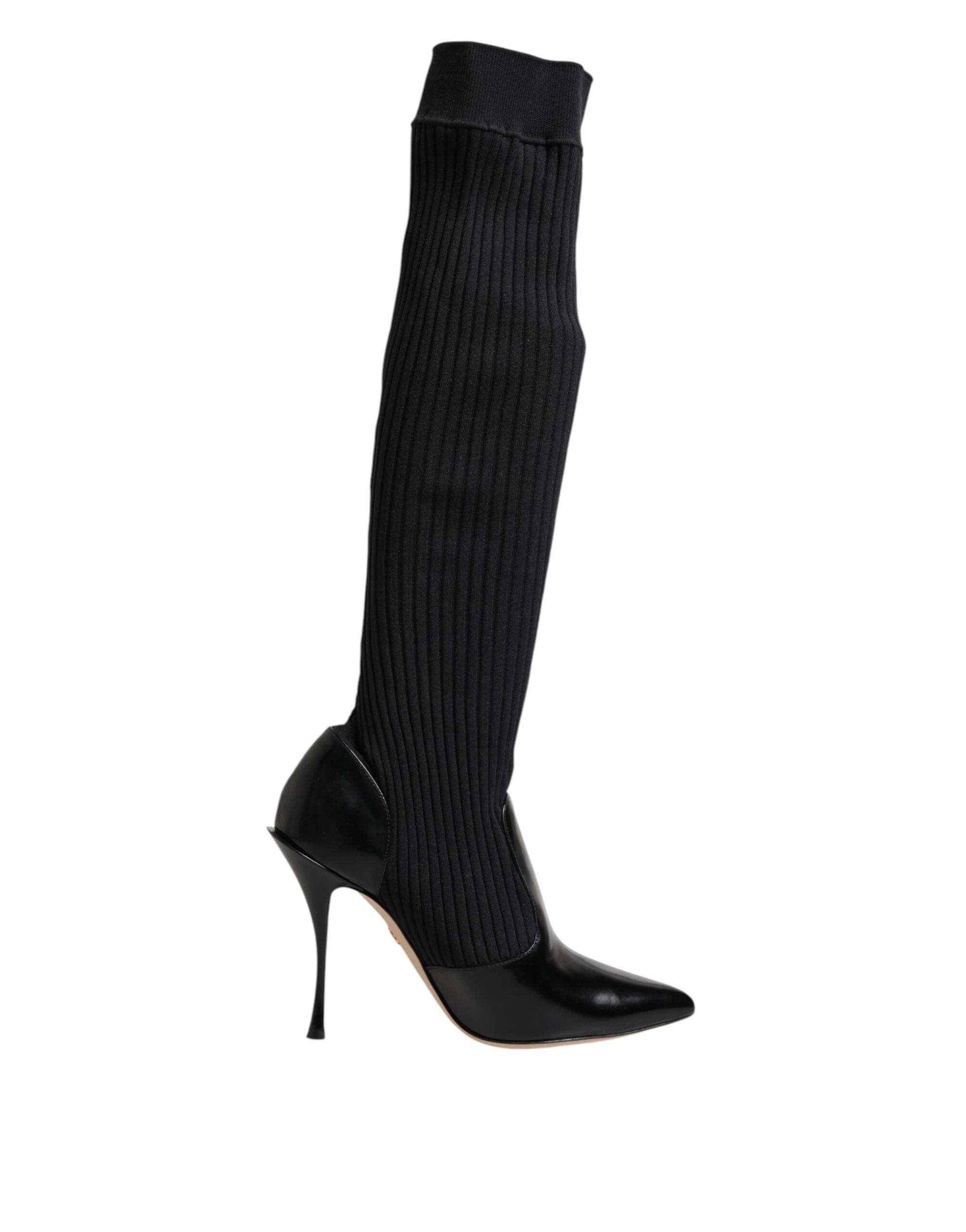 Dolce & Gabbana Black Leather Ribbed Knit Knee Boots Shoes by Dolce & Gabbana