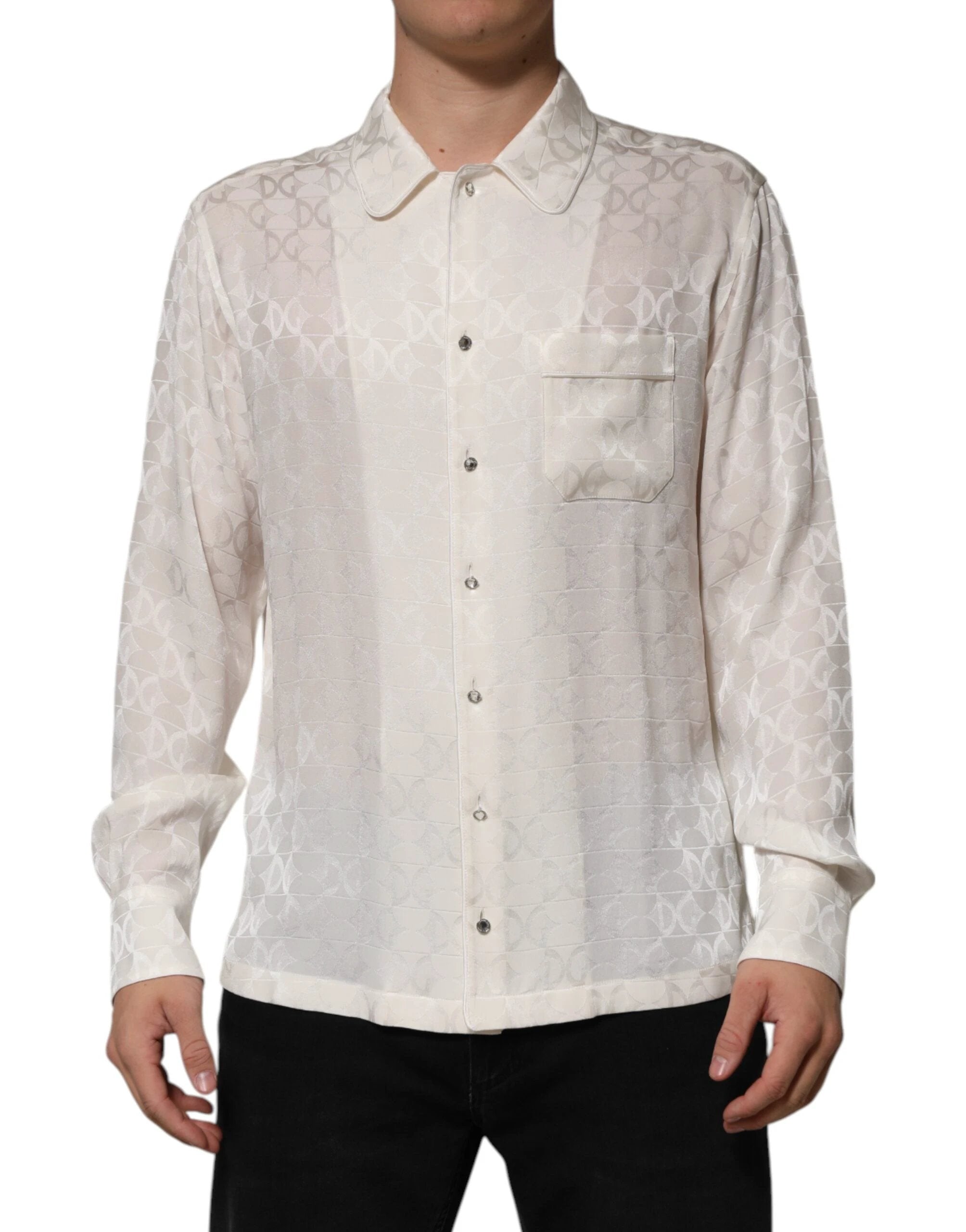 Dolce & Gabbana White Silk DG Logo Print Long Sleeves Shirt by Dolce & Gabbana