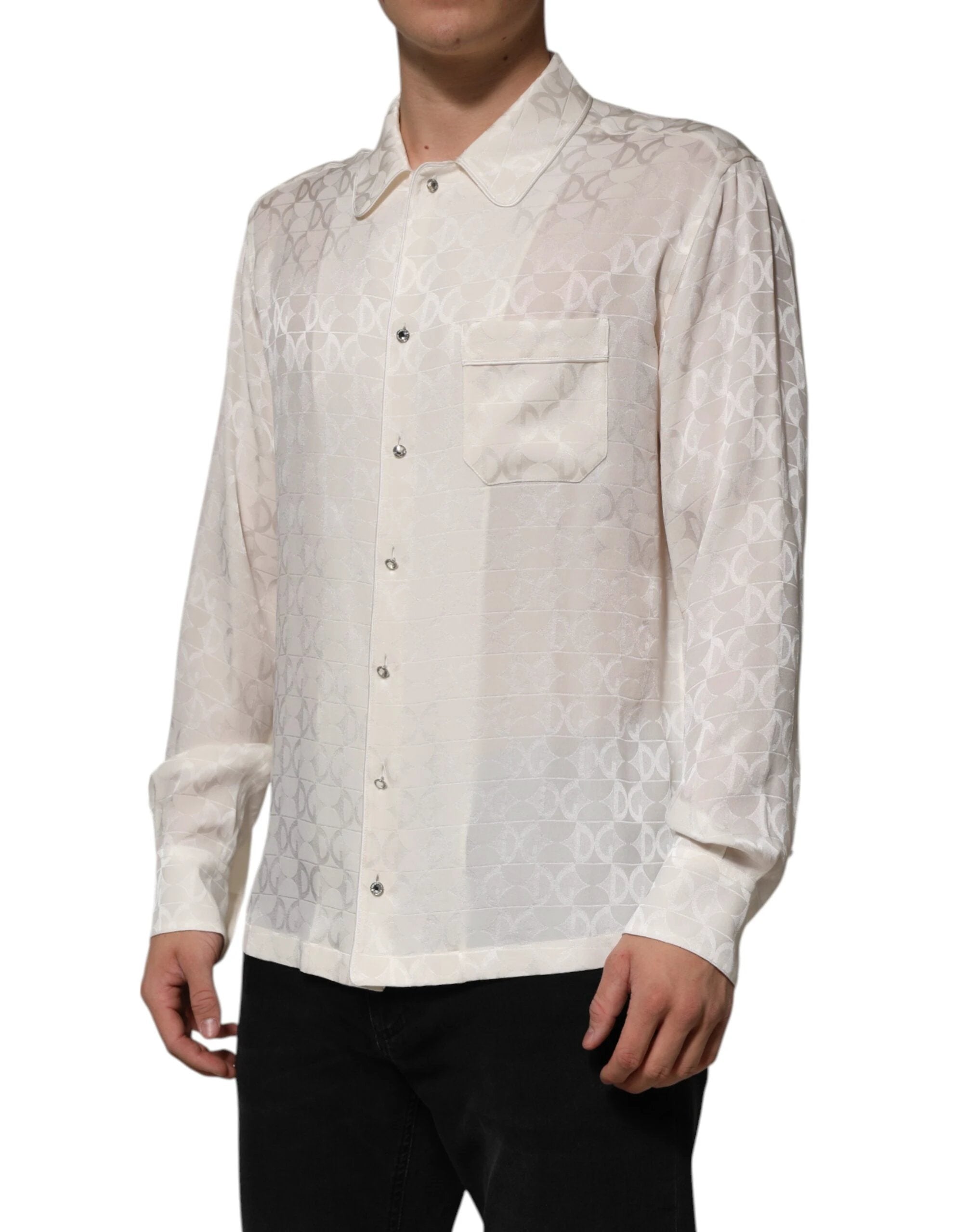 Dolce & Gabbana White Silk DG Logo Print Long Sleeves Shirt by Dolce & Gabbana