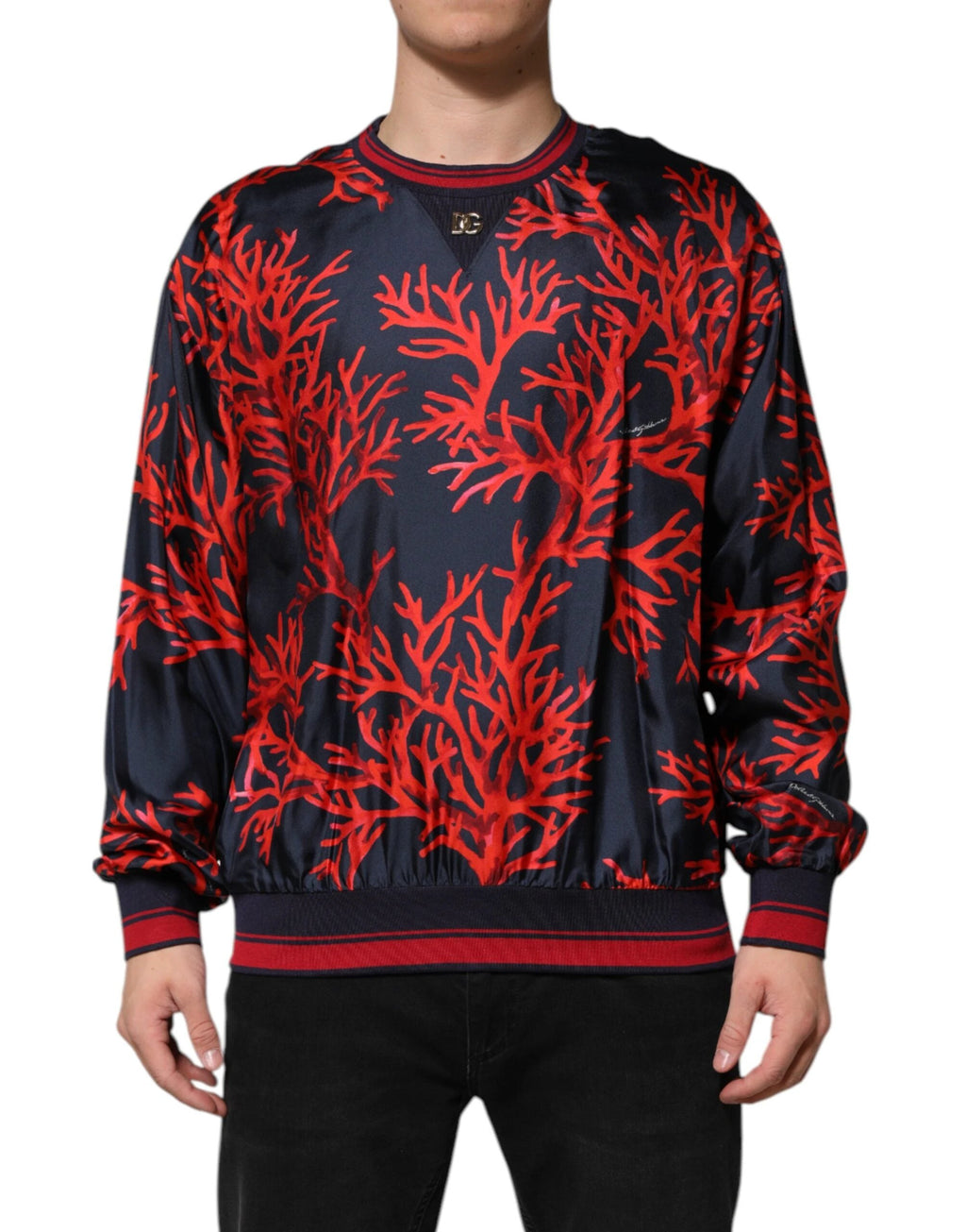 Dolce & Gabbana Navy Red Silk Coral Print Pullover Sweater by Dolce & Gabbana