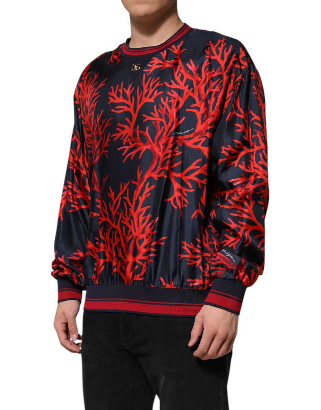 Dolce & Gabbana Navy Red Silk Coral Print Pullover Sweater by Dolce & Gabbana