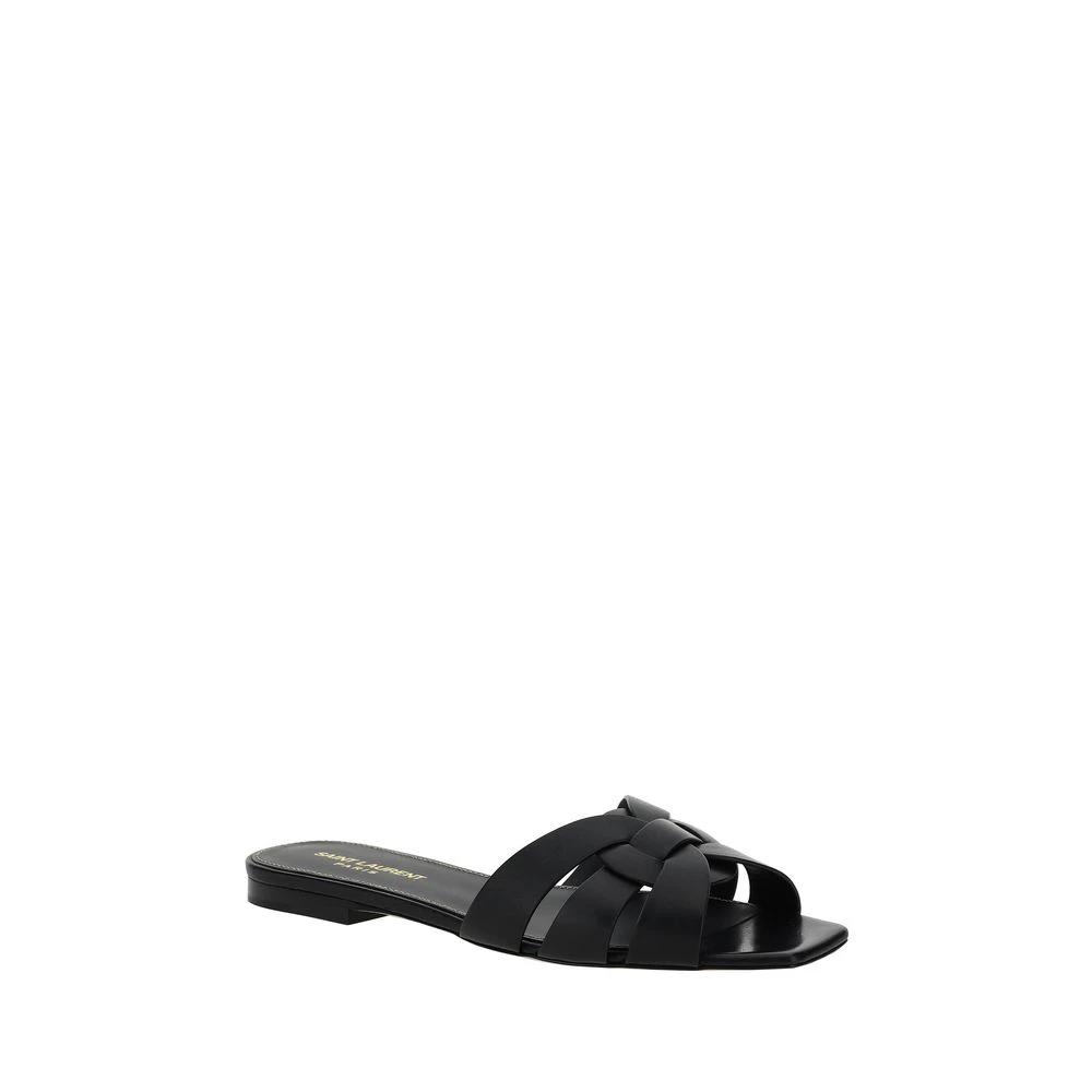 Saint Laurent Black Calf Leather Bos Taurus Flat Sandals by Saint Laurent