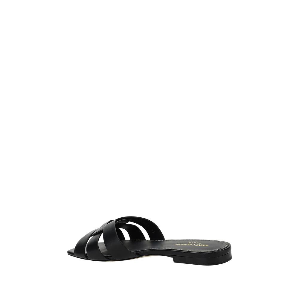 Saint Laurent Black Calf Leather Bos Taurus Flat Sandals by Saint Laurent