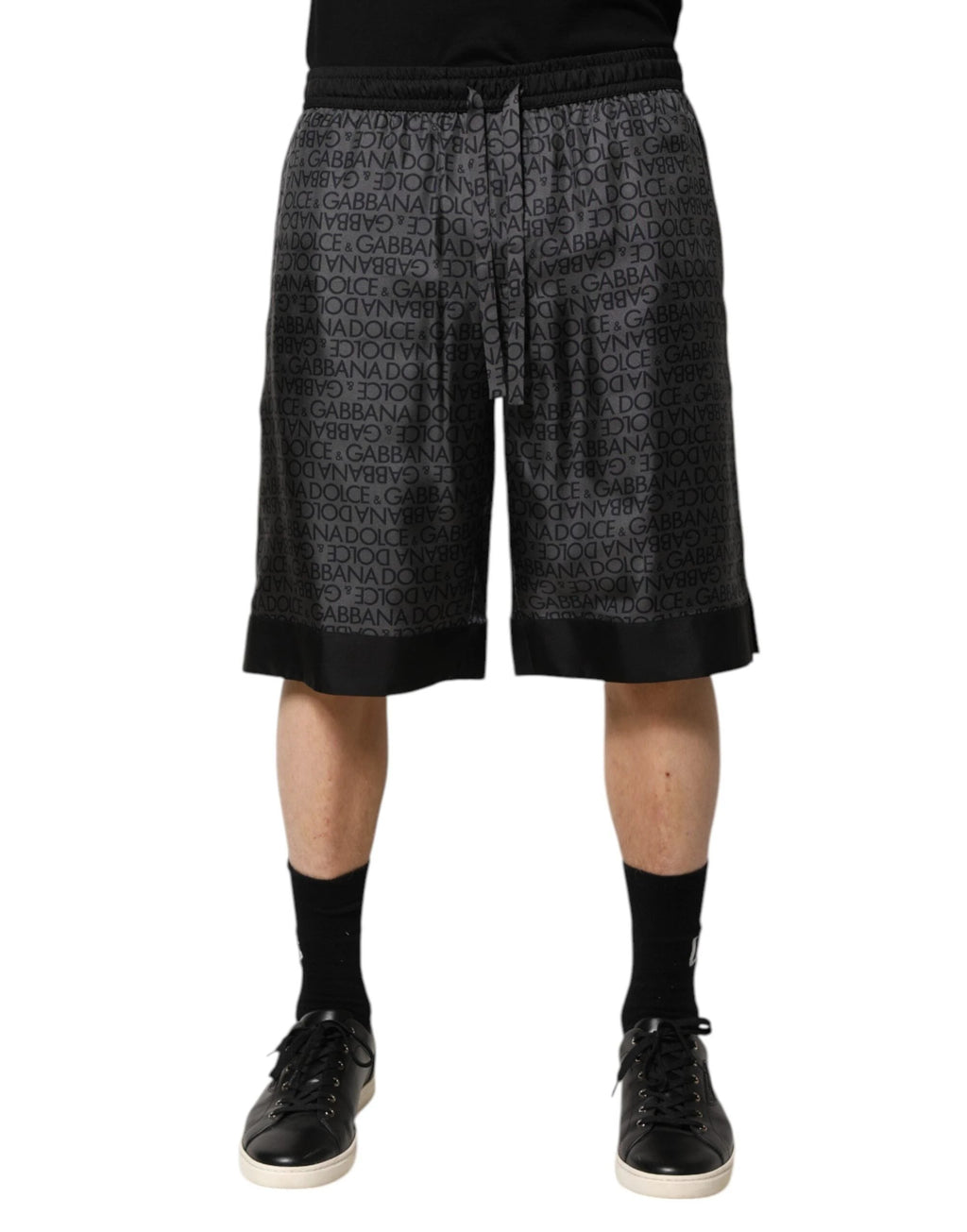 Dolce & Gabbana Gray Black Silk DG Logo Men Bermuda Shorts by Dolce & Gabbana