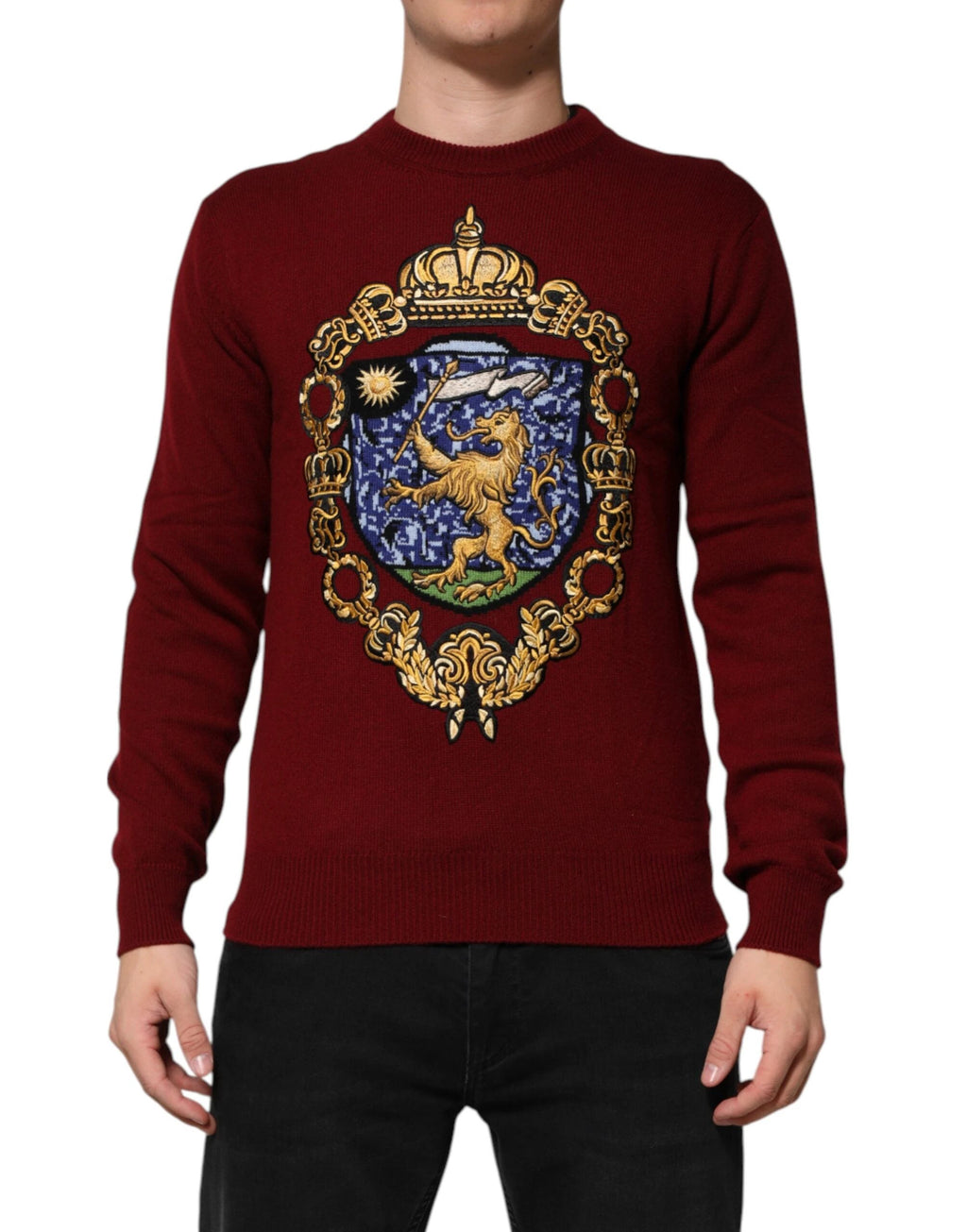 Dolce & Gabbana Burgundy Cashmere Lion Crest Pullover Sweater by Dolce & Gabbana