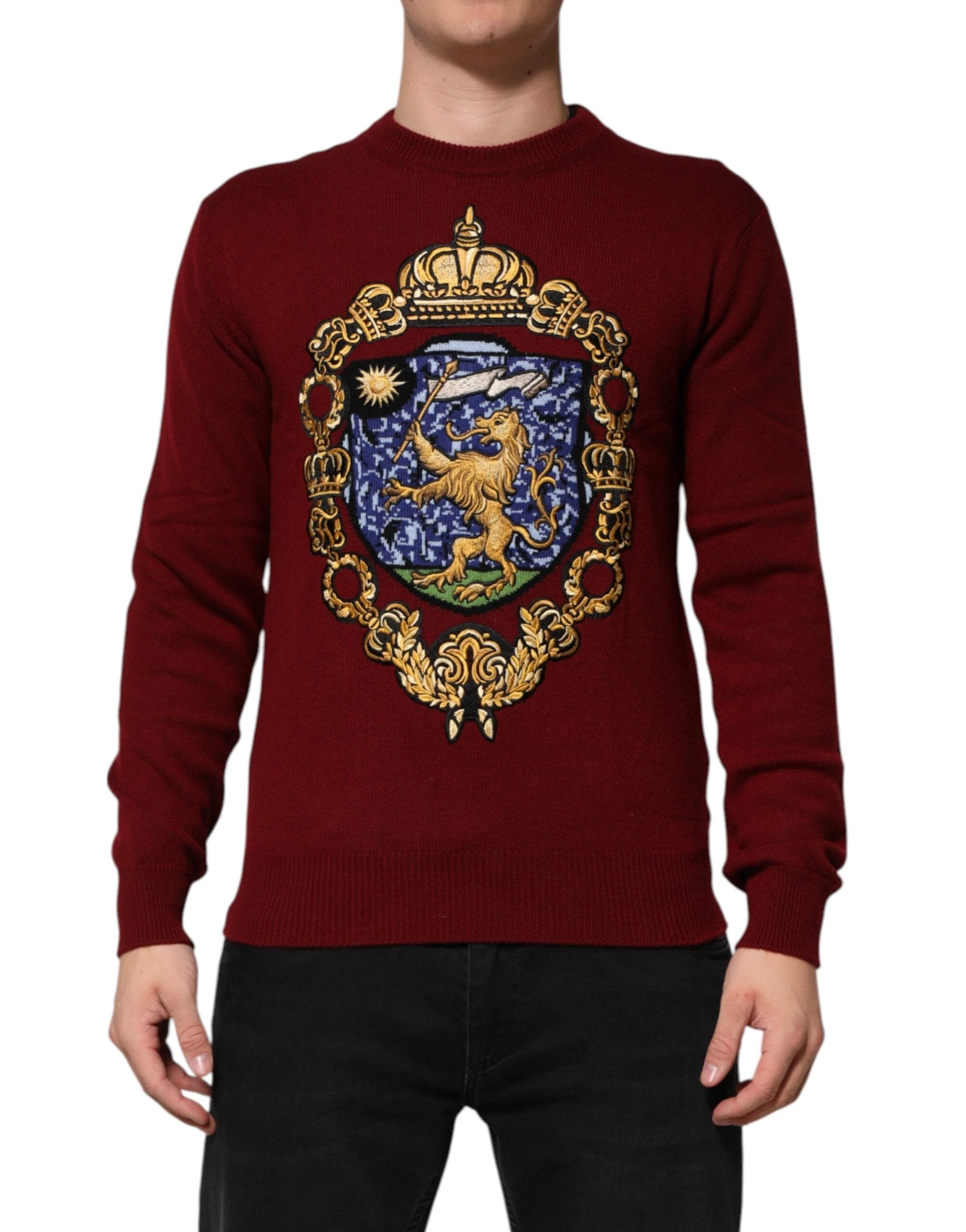 Dolce & Gabbana Burgundy Cashmere Lion Crest Pullover Sweater by Dolce & Gabbana