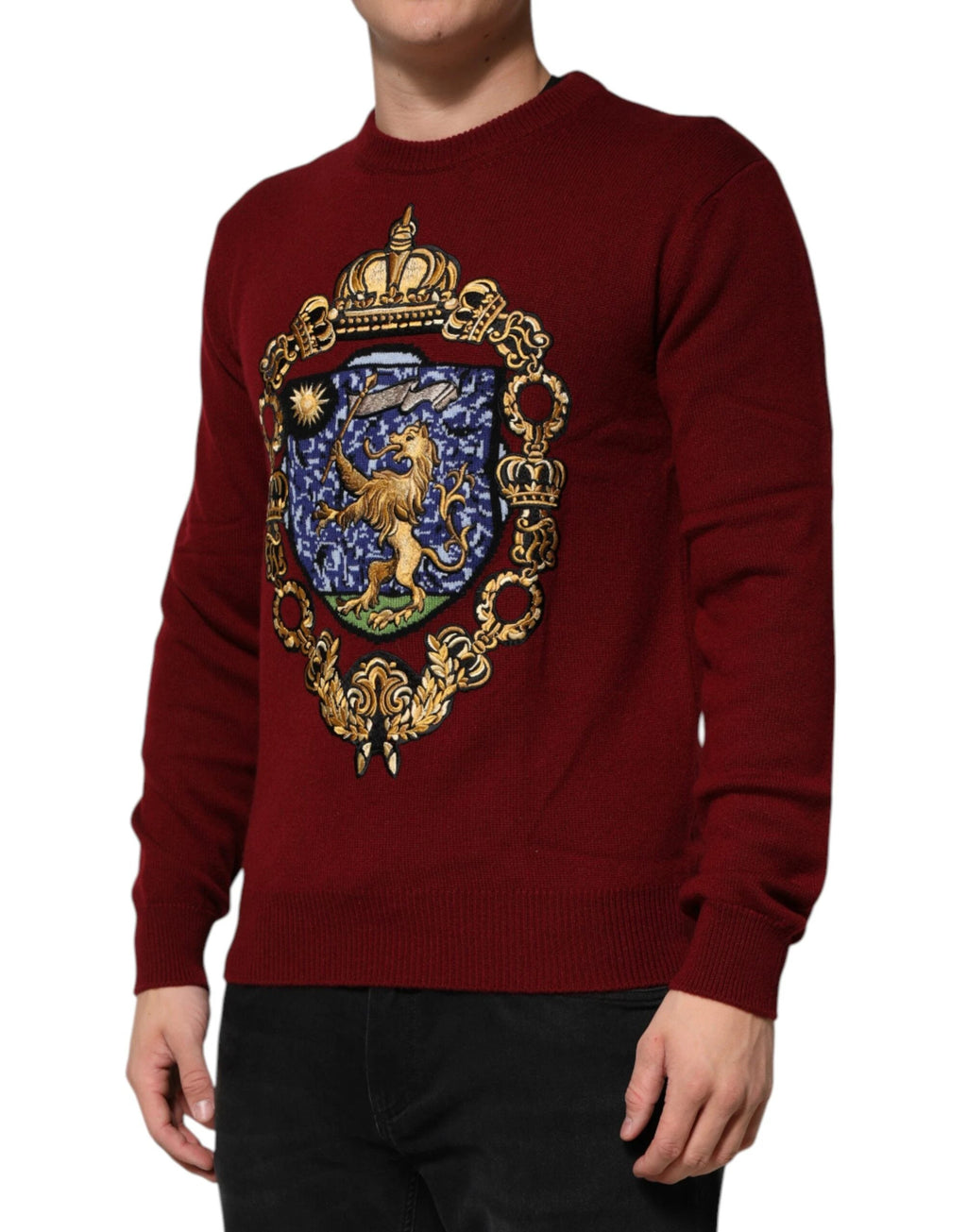 Dolce & Gabbana Burgundy Cashmere Lion Crest Pullover Sweater by Dolce & Gabbana