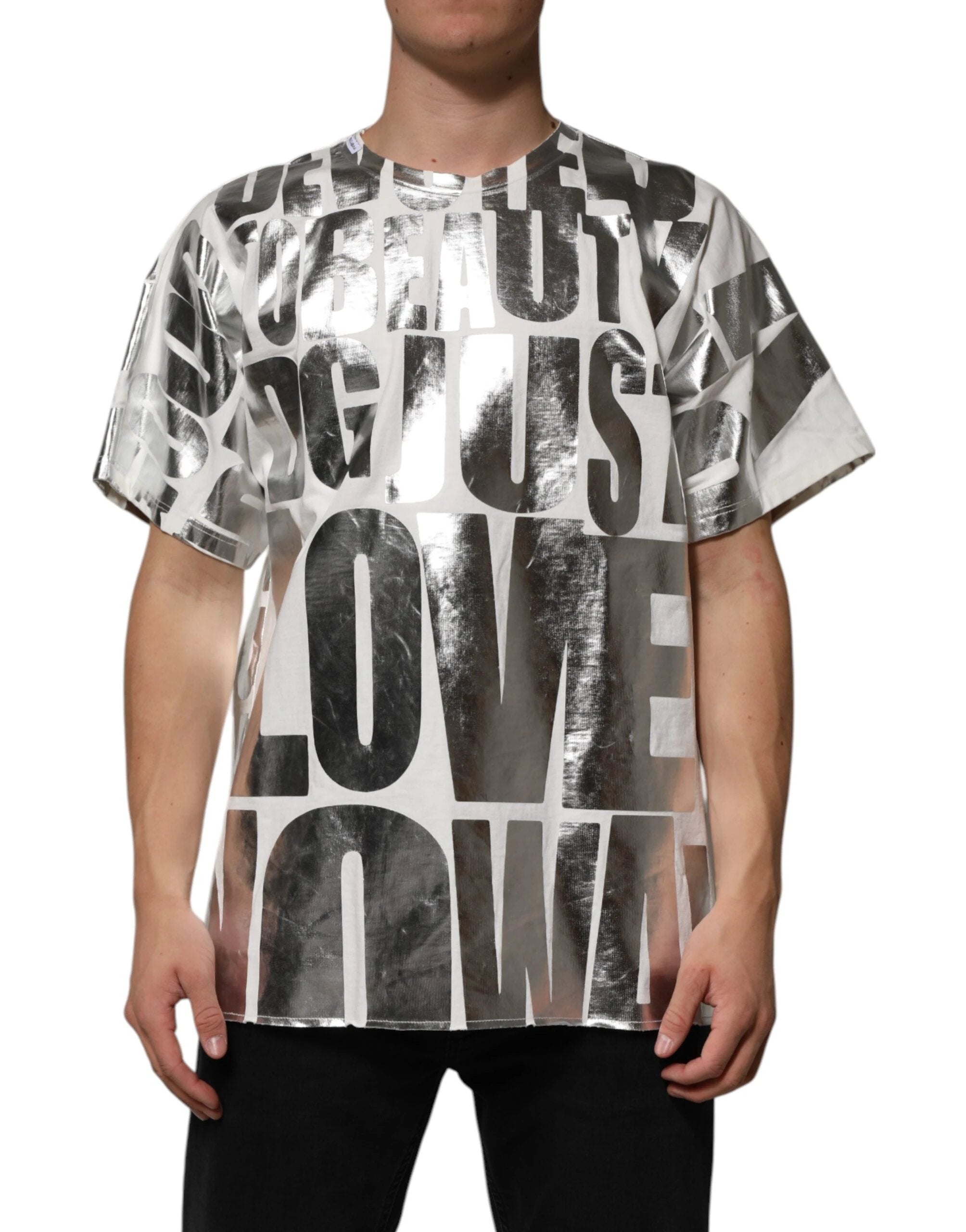 Dolce & Gabbana White Cotton Silver Metallic Slogan Print T-shirt by Dolce & Gabbana