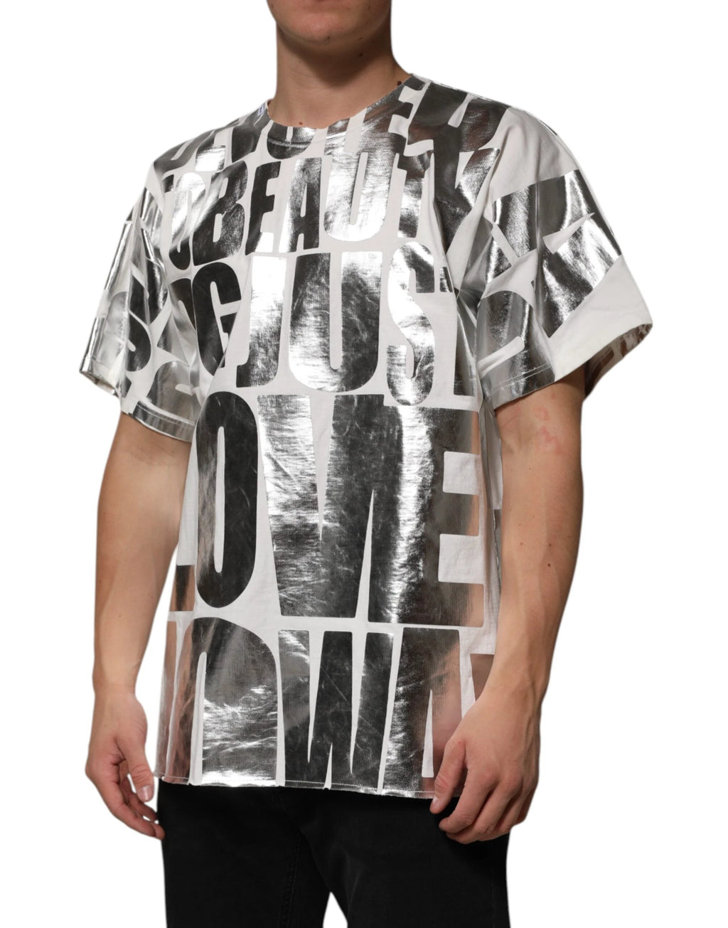 Dolce & Gabbana White Cotton Silver Metallic Slogan Print T-shirt by Dolce & Gabbana