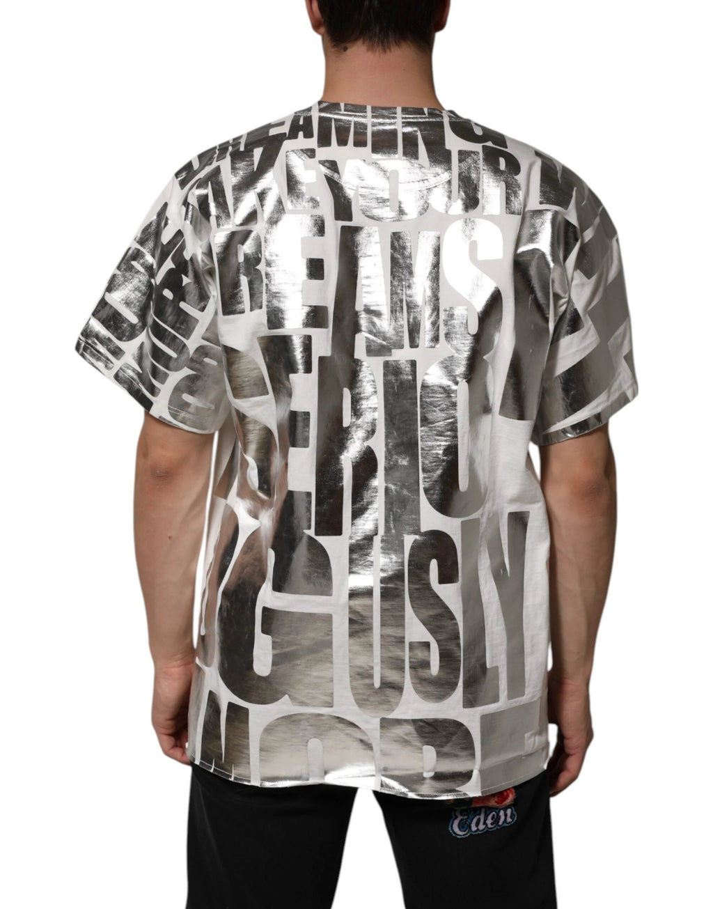 Dolce & Gabbana White Cotton Silver Metallic Slogan Print T-shirt by Dolce & Gabbana