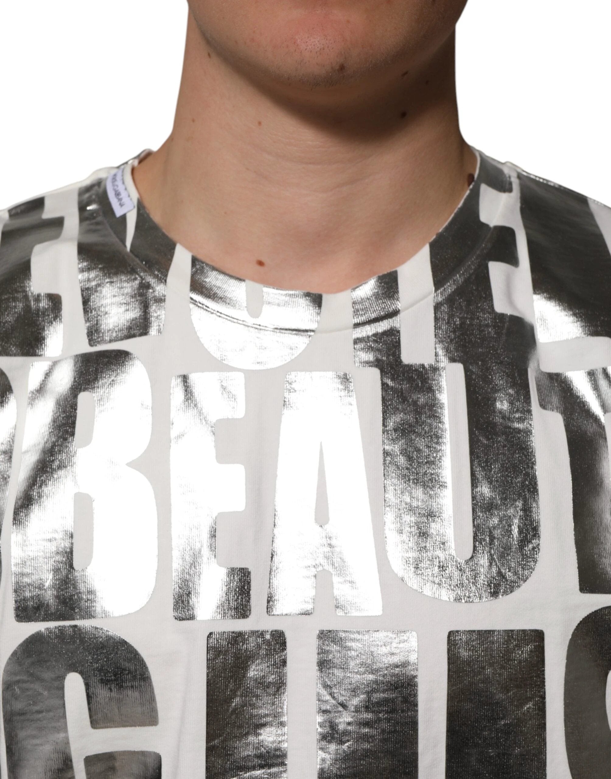 Dolce & Gabbana White Cotton Silver Metallic Slogan Print T-shirt by Dolce & Gabbana
