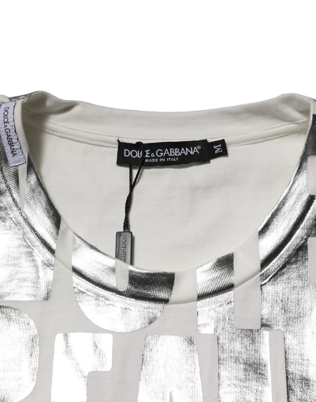 Dolce & Gabbana White Cotton Silver Metallic Slogan Print T-shirt by Dolce & Gabbana