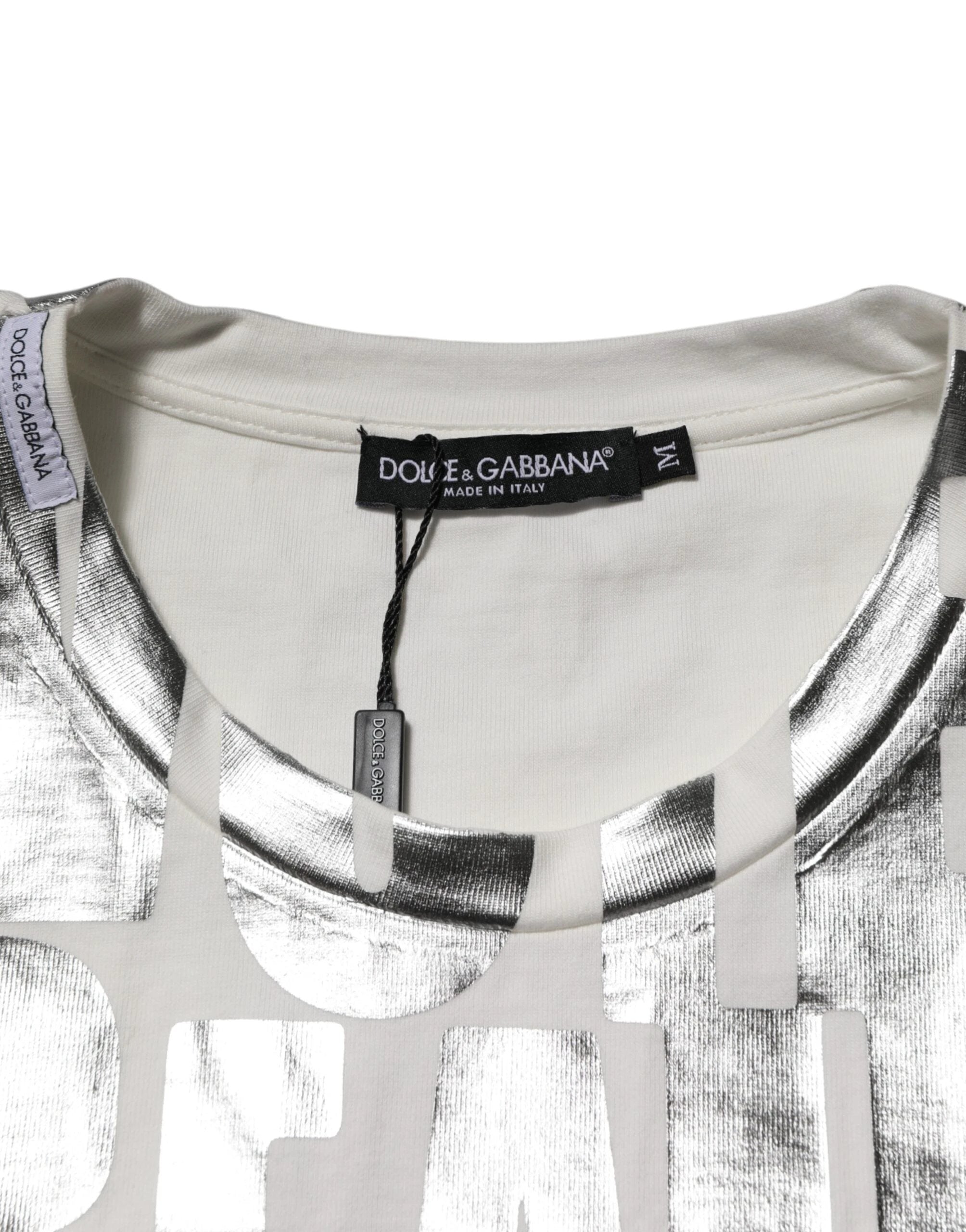 Dolce & Gabbana White Cotton Silver Metallic Slogan Print T-shirt by Dolce & Gabbana