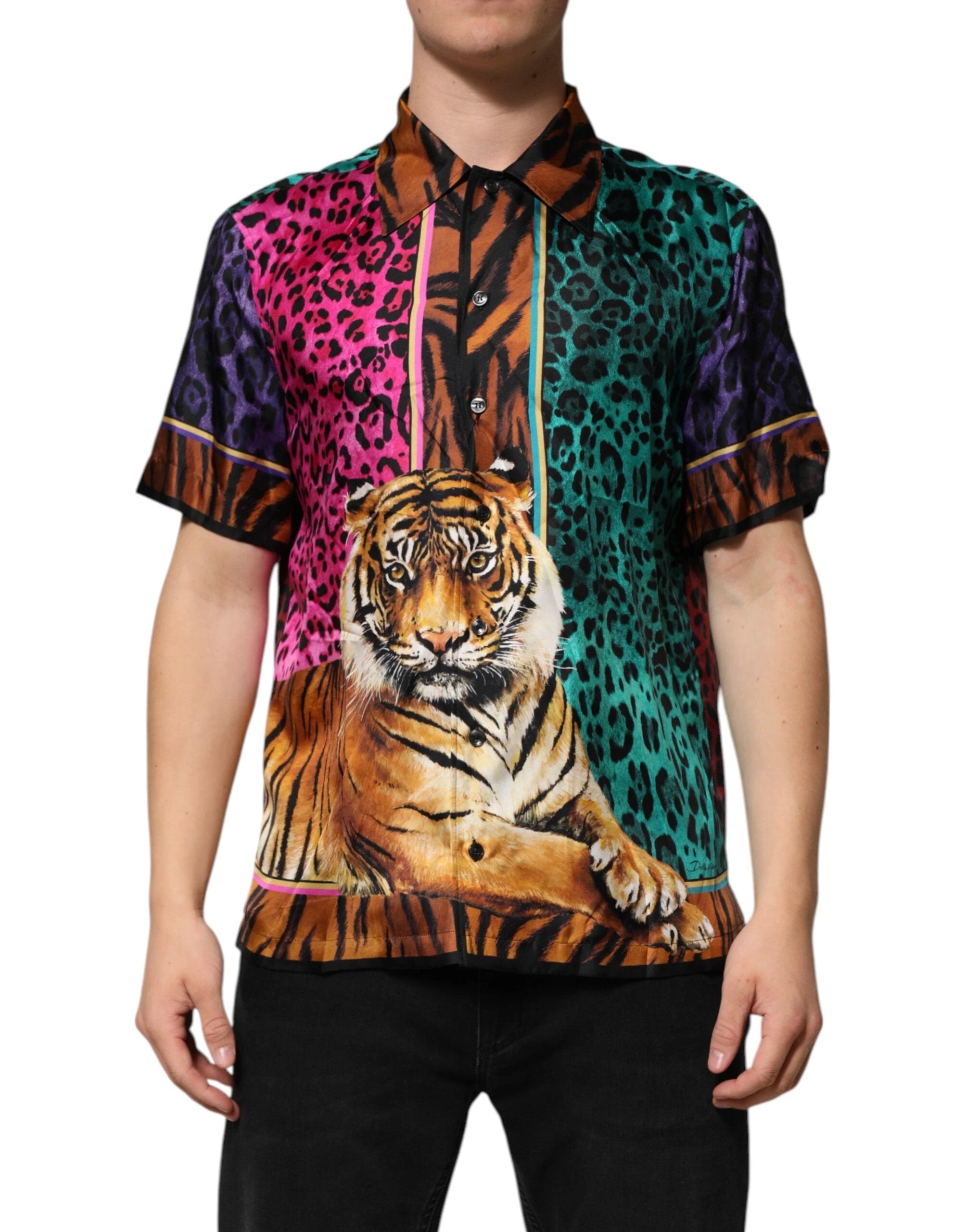Dolce & Gabbana Multicolor Silk Tiger Print Hawaiian T-shirt by Dolce & Gabbana
