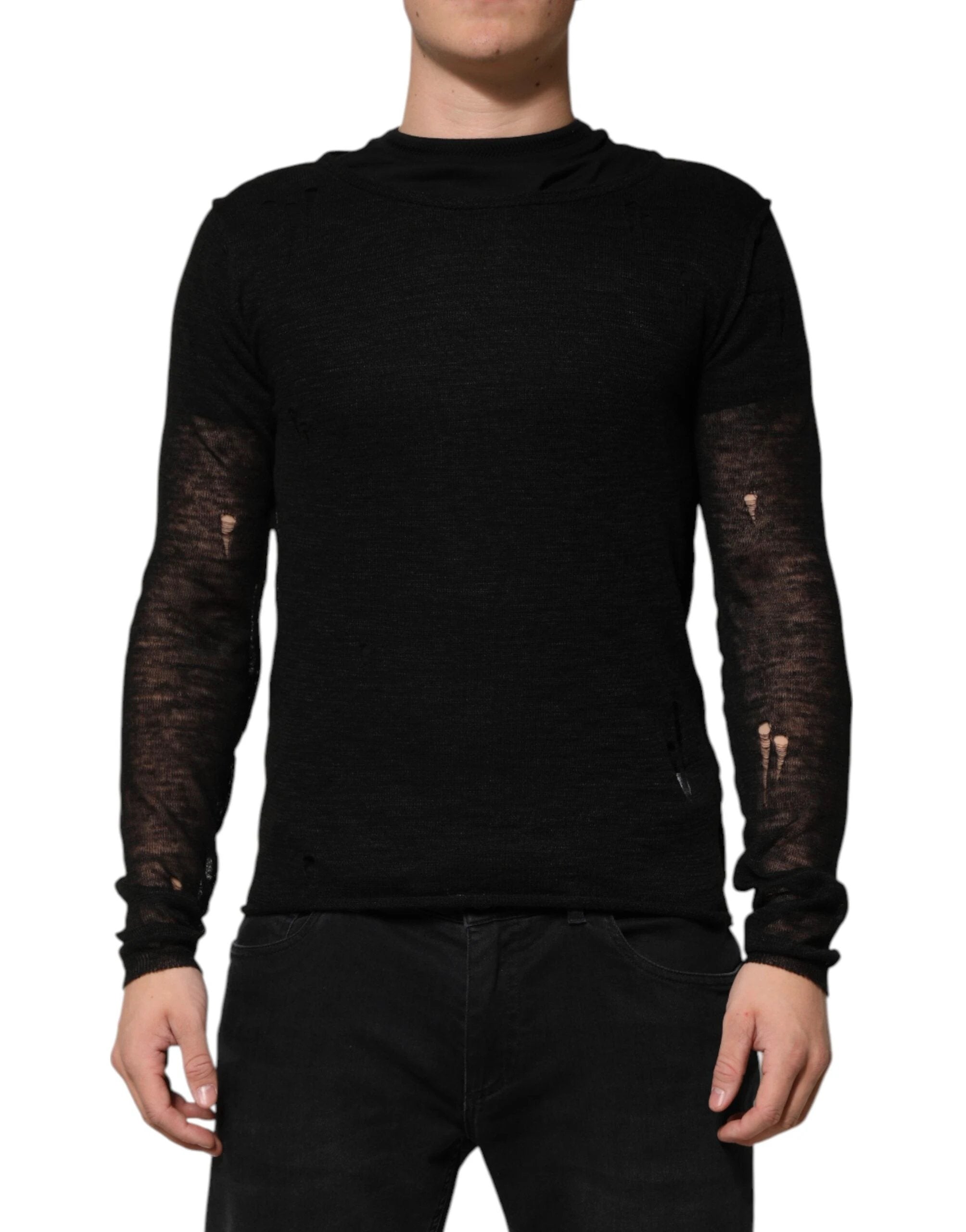Dolce & Gabbana Black Linen Mesh Tattered Longsleeves T-shirt by Dolce & Gabbana