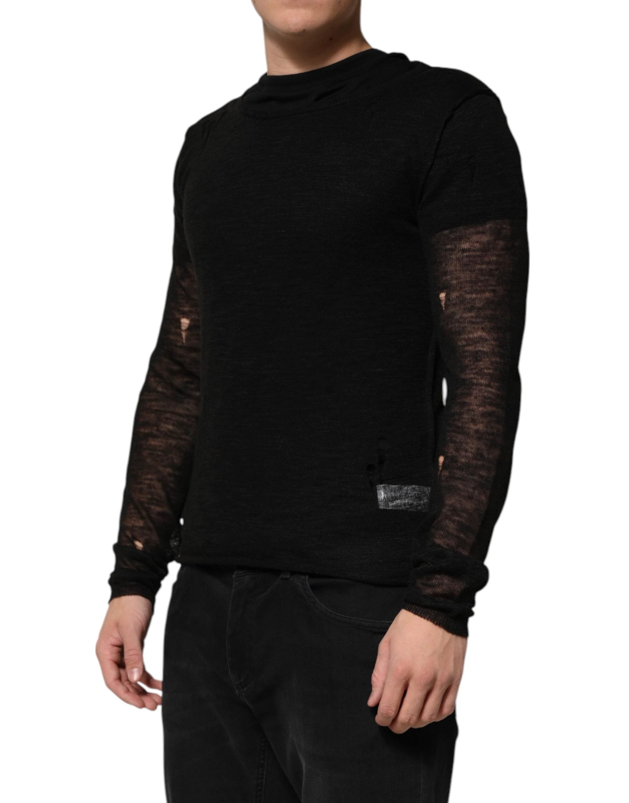 Dolce & Gabbana Black Linen Mesh Tattered Longsleeves T-shirt by Dolce & Gabbana