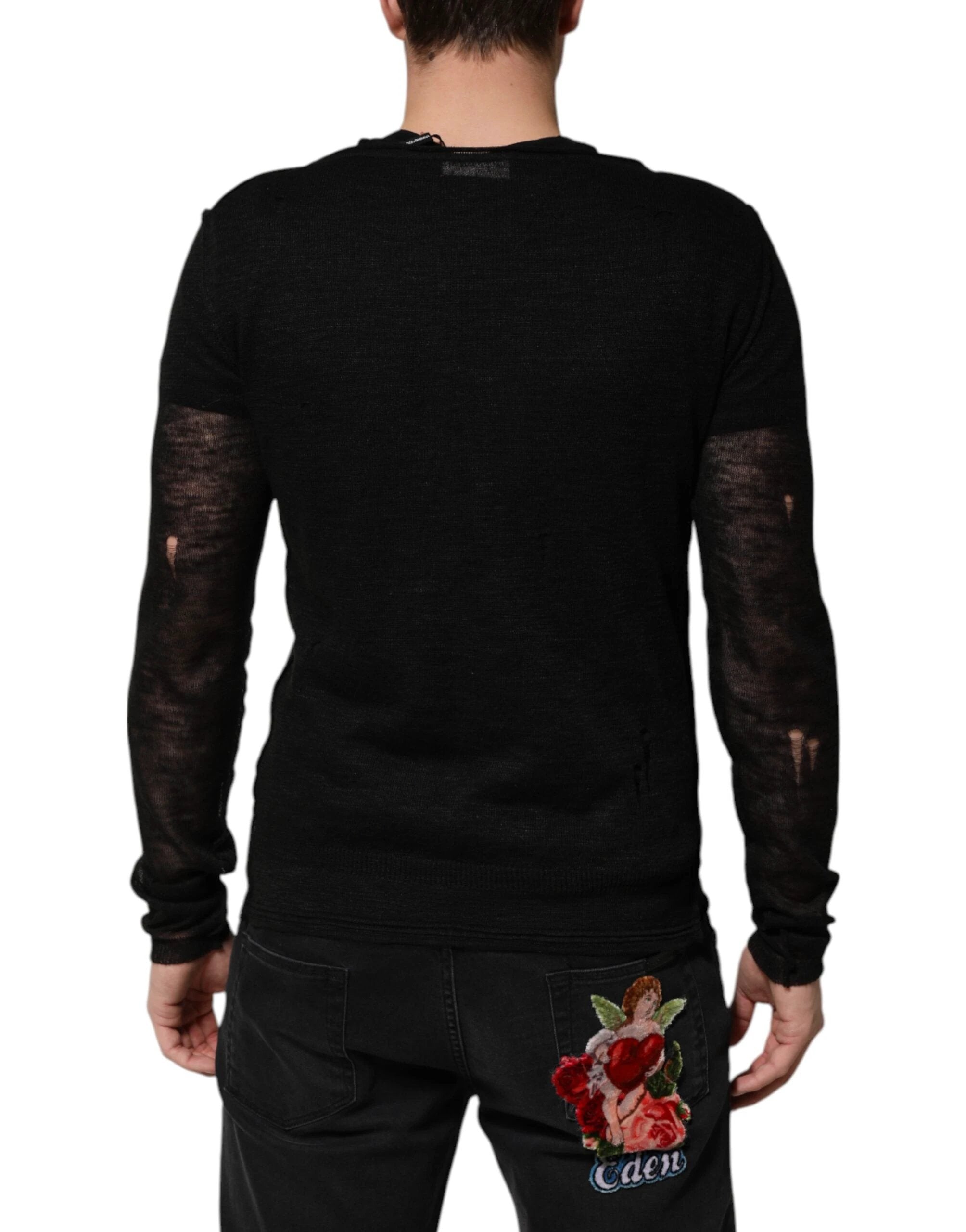 Dolce & Gabbana Black Linen Mesh Tattered Longsleeves T-shirt by Dolce & Gabbana