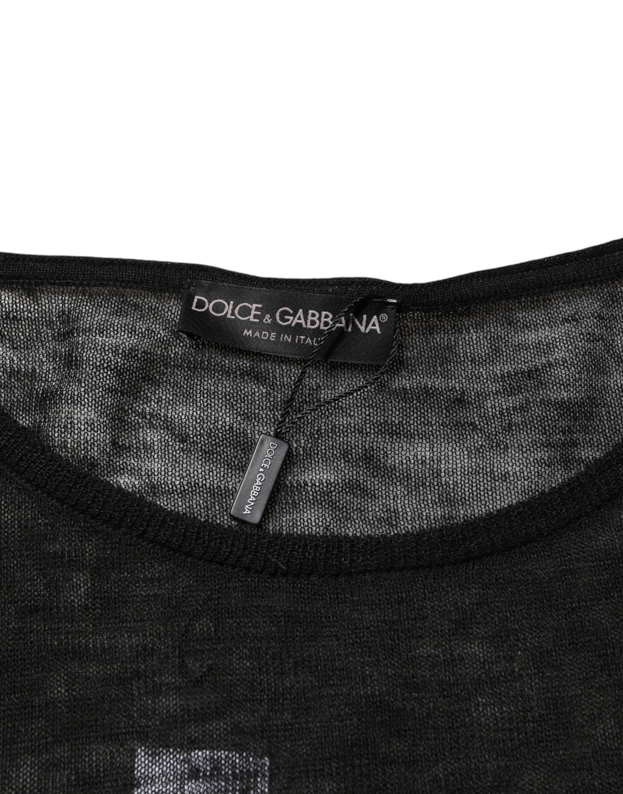 Dolce & Gabbana Black Linen Mesh Tattered Longsleeves T-shirt by Dolce & Gabbana