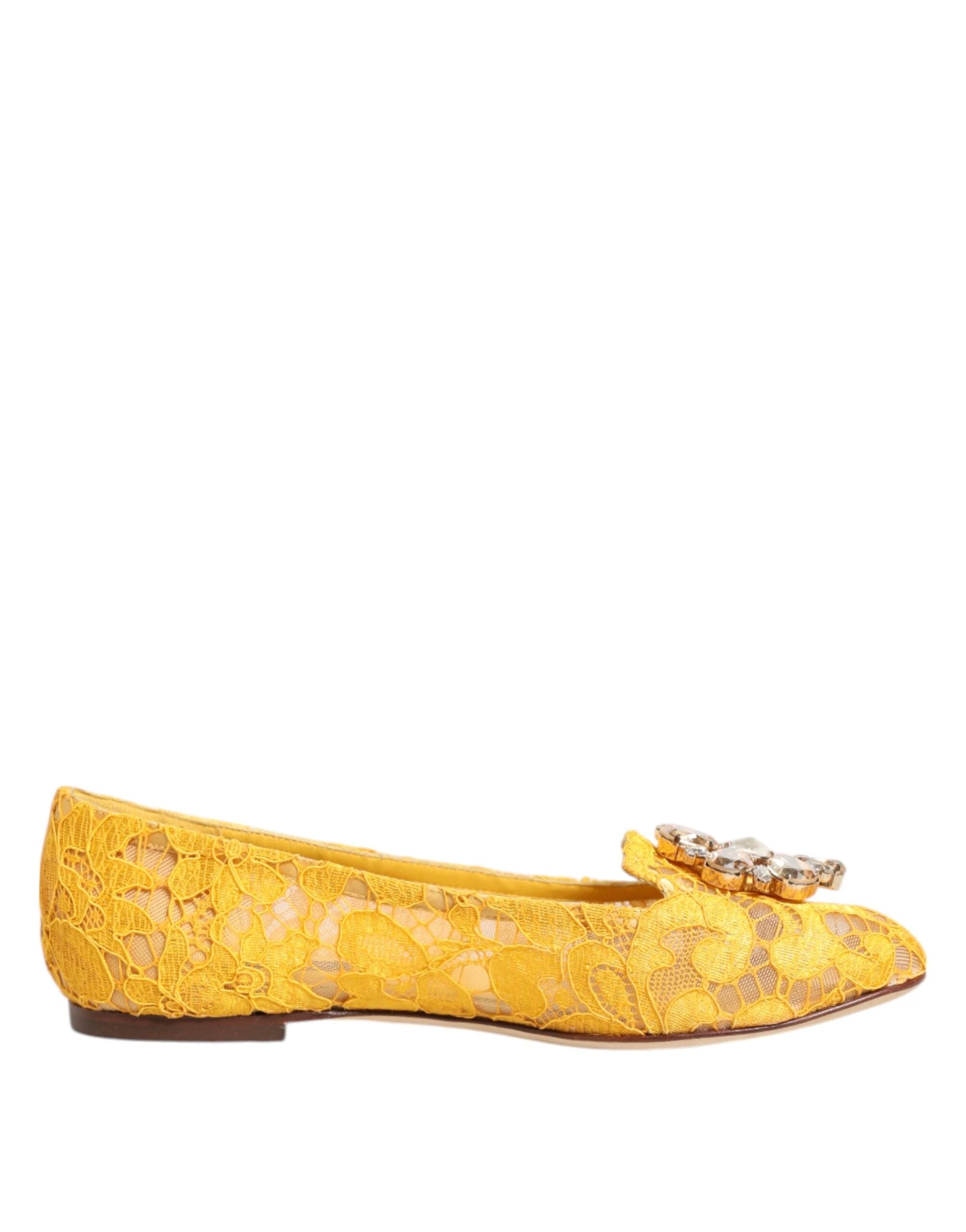 Dolce & Gabbana Yellow Taormina Lace Crystals Flats Shoes by Dolce & Gabbana
