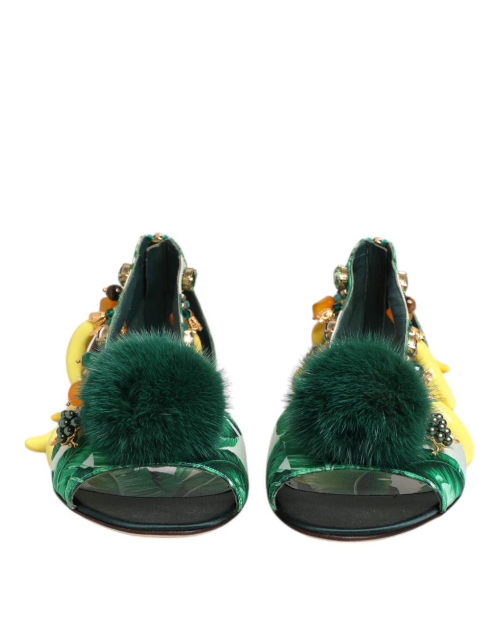 Dolce & Gabbana Green Mink Fur Satin Banana Leaf Sandals Shoes by Dolce & Gabbana