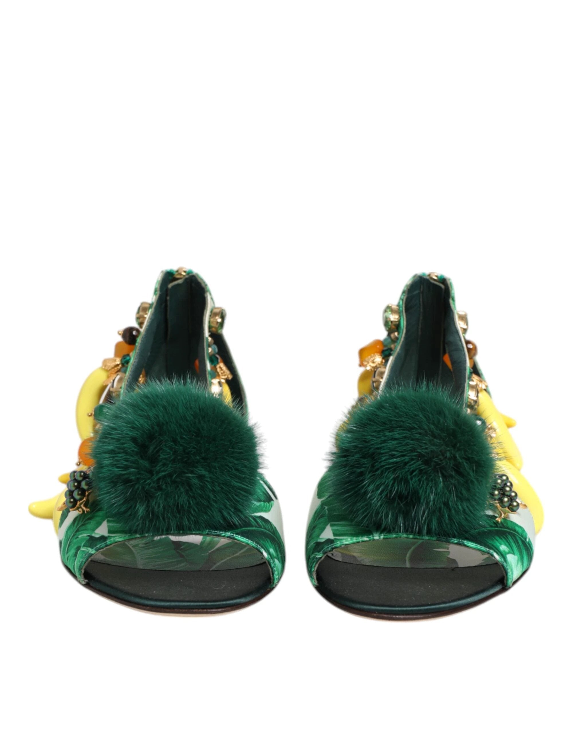 Dolce & Gabbana Green Mink Fur Satin Banana Leaf Sandals Shoes by Dolce & Gabbana