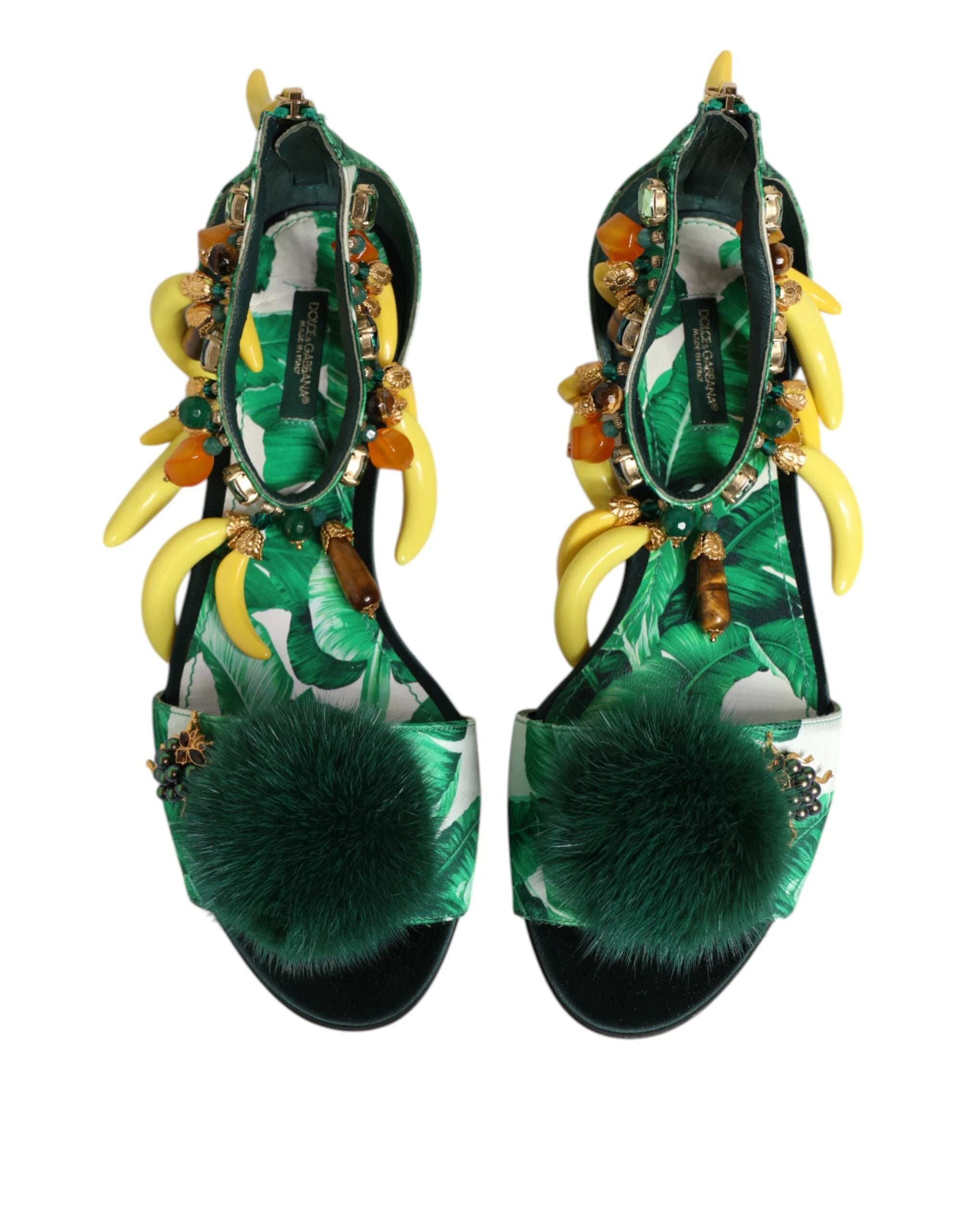 Dolce & Gabbana Green Mink Fur Satin Banana Leaf Sandals Shoes by Dolce & Gabbana