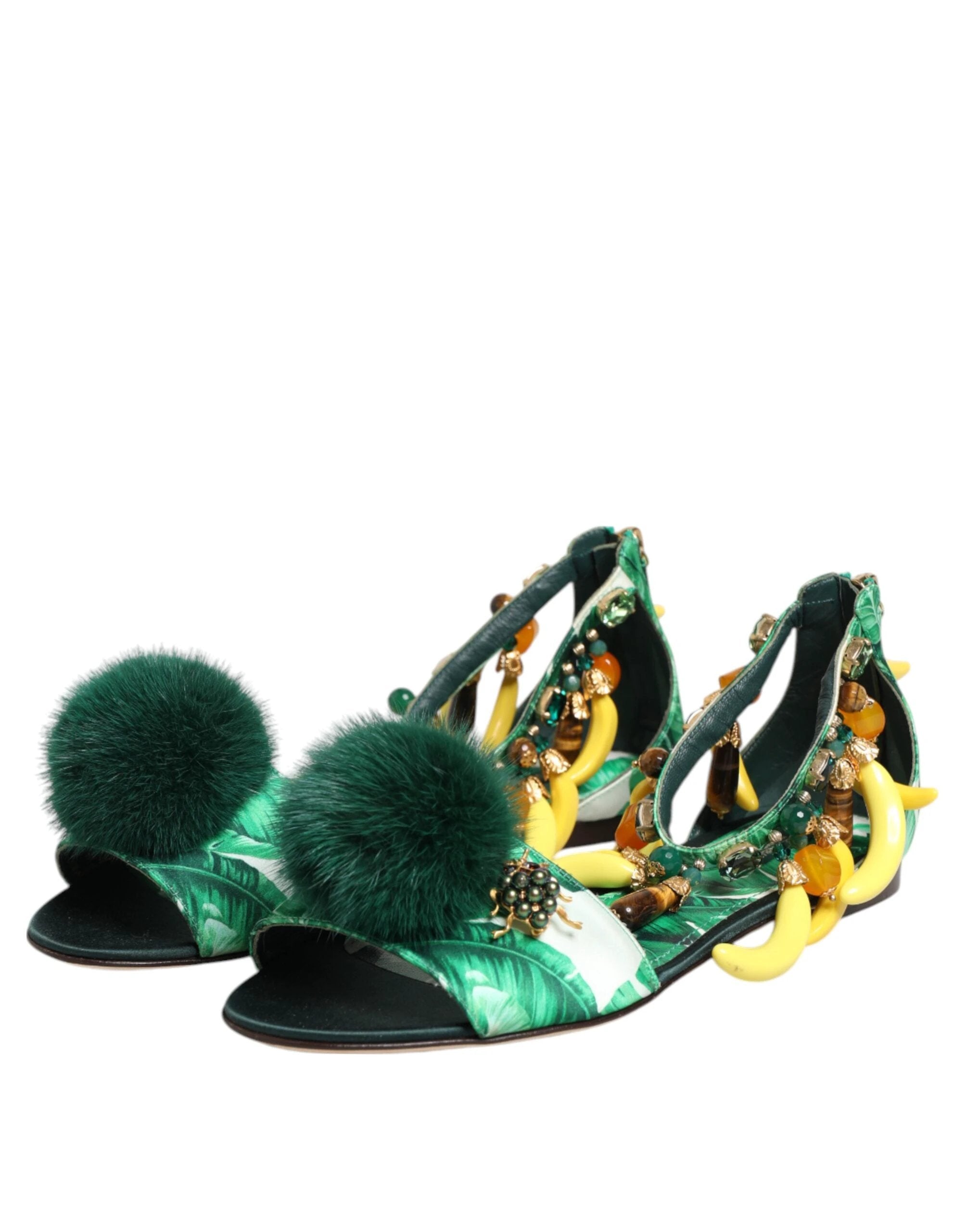 Dolce & Gabbana Green Mink Fur Satin Banana Leaf Sandals Shoes by Dolce & Gabbana