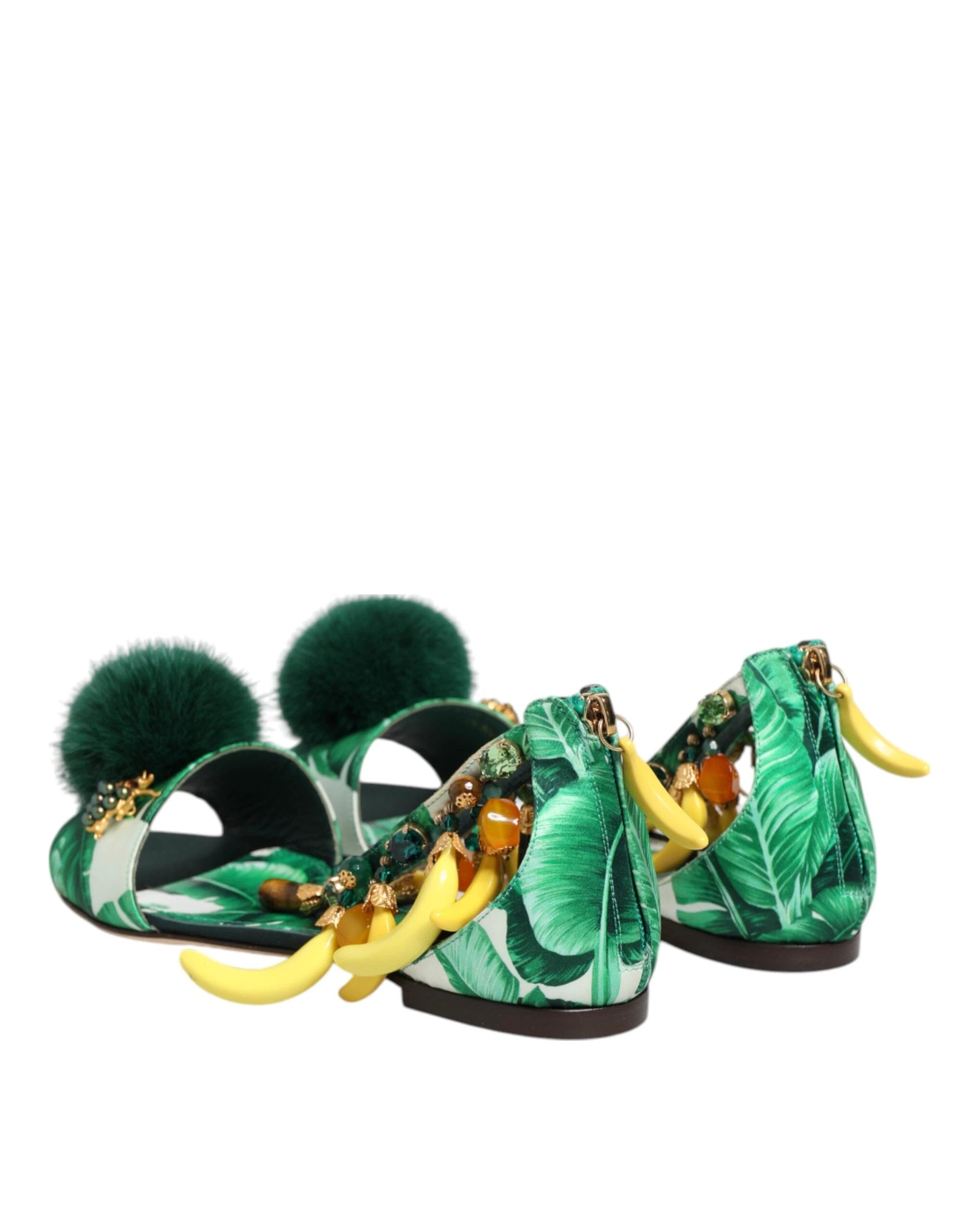 Dolce & Gabbana Green Mink Fur Satin Banana Leaf Sandals Shoes by Dolce & Gabbana