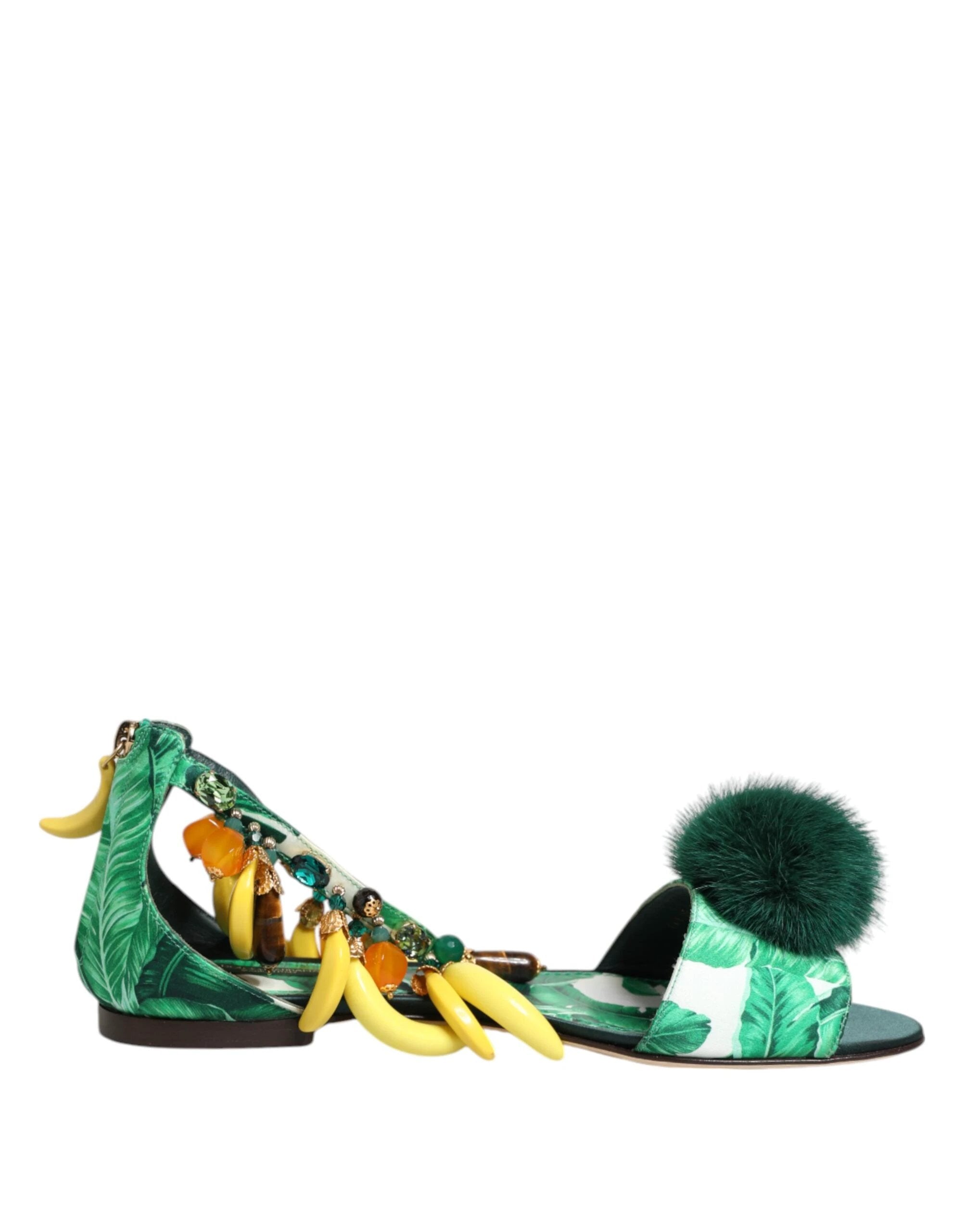 Dolce & Gabbana Green Mink Fur Satin Banana Leaf Sandals Shoes by Dolce & Gabbana