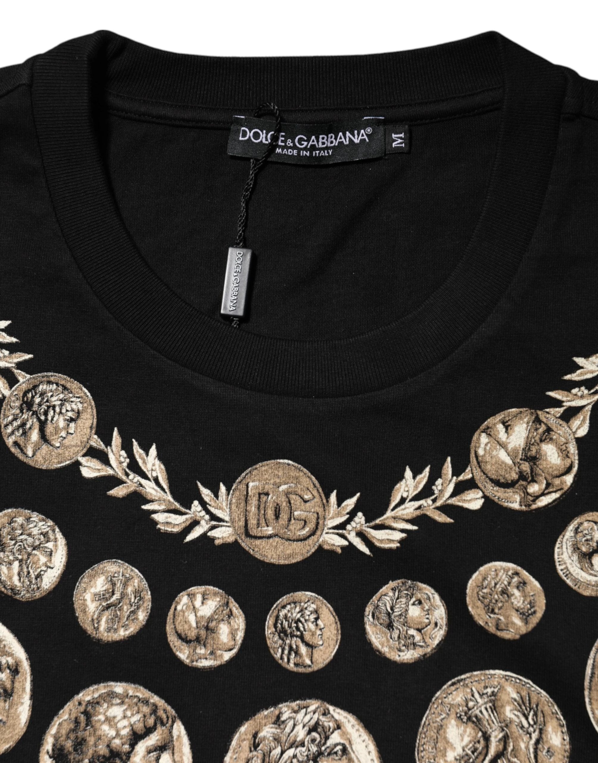 Dolce & Gabbana Black Coin Print Cotton Crew Neck T-shirt by Dolce & Gabbana