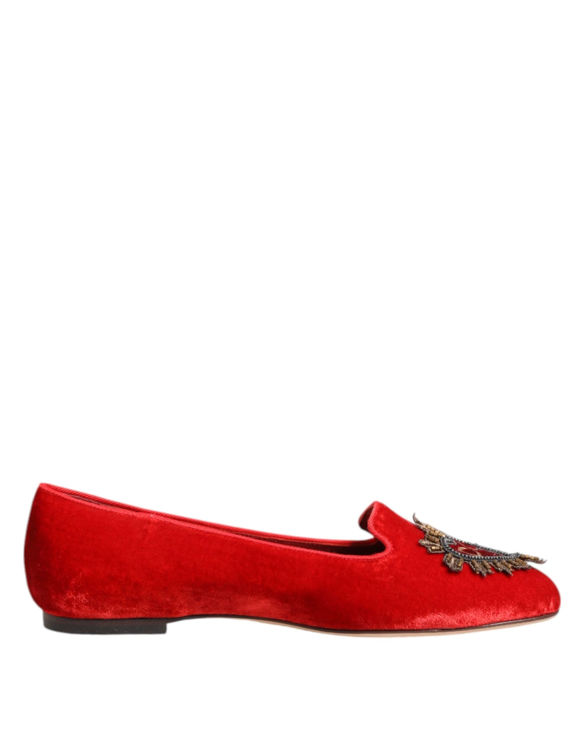 Dolce & Gabbana Red Velvet DG Heart Loafers Flats Shoes by Dolce & Gabbana