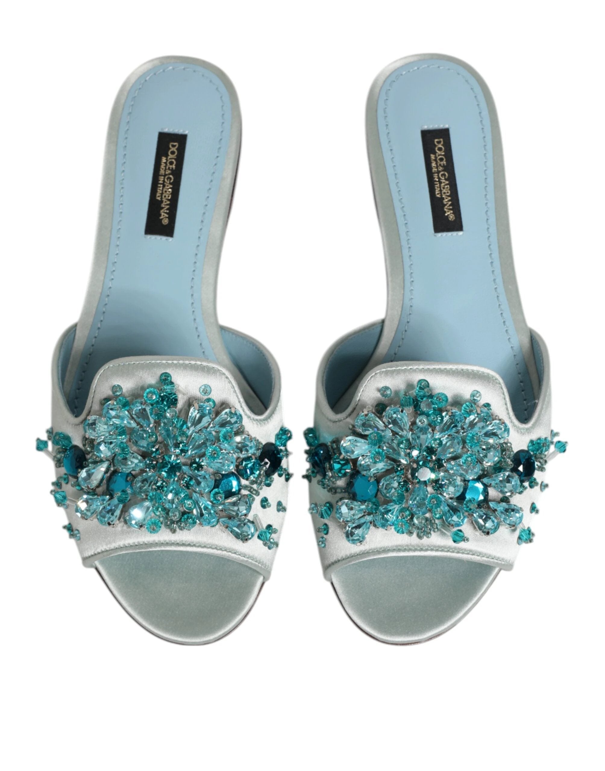 Dolce & Gabbana Silver Blue Leather Bead Embellish Slide Shoes by Dolce & Gabbana