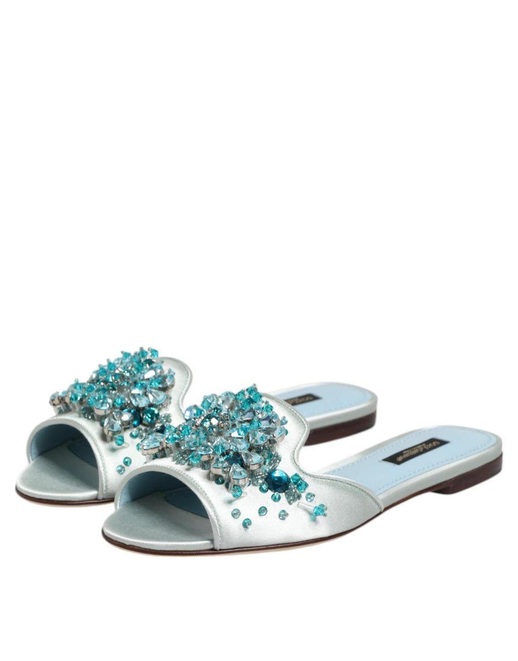 Dolce & Gabbana Silver Blue Leather Bead Embellish Slide Shoes by Dolce & Gabbana