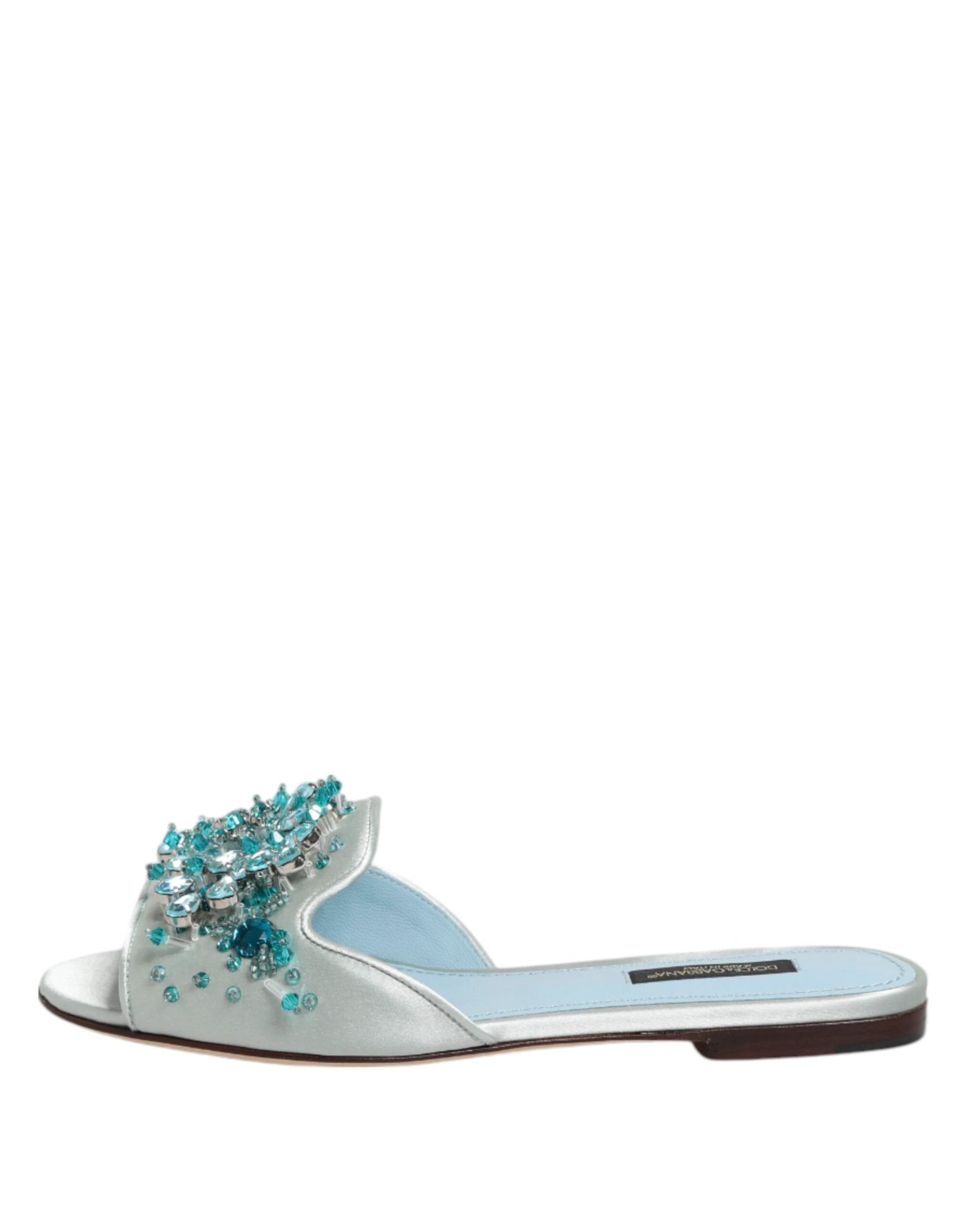 Dolce & Gabbana Silver Blue Leather Bead Embellish Slide Shoes by Dolce & Gabbana