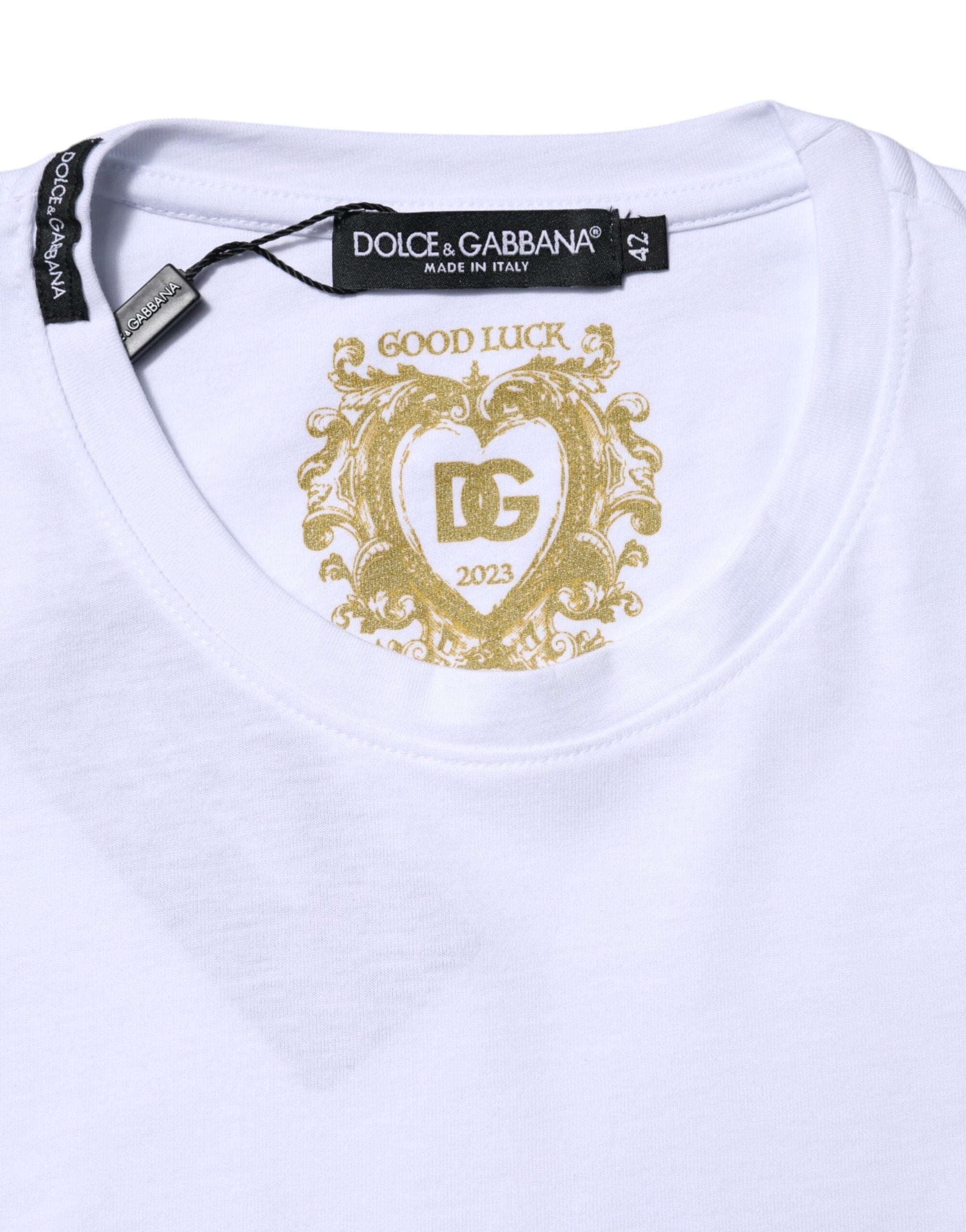 Dolce & Gabbana White Cotton Goodluck 2023 Crew Neck T-shirt by Dolce & Gabbana