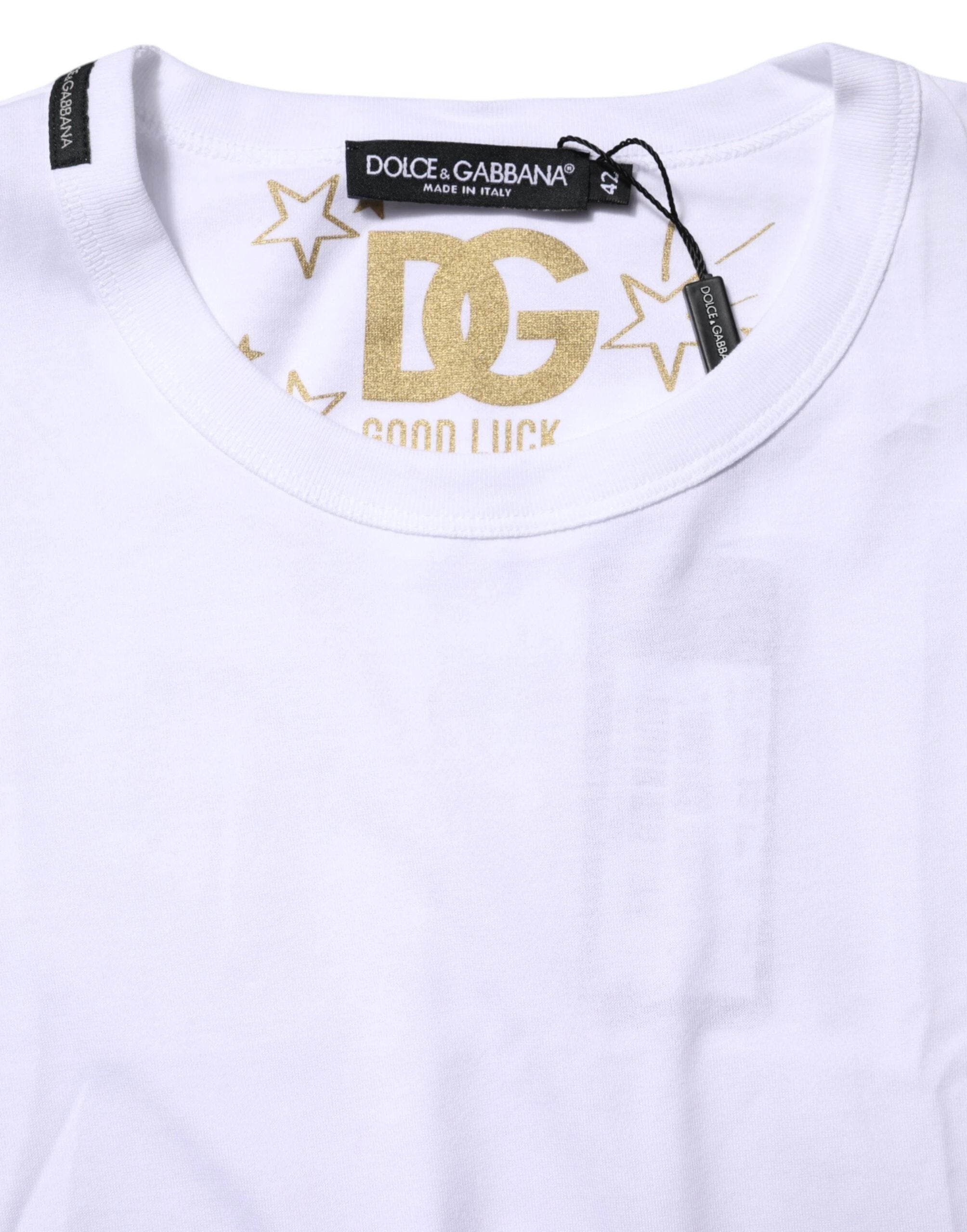 Dolce & Gabbana White Cotton Goodluck 2022 Crew Neck T-shirt by Dolce & Gabbana