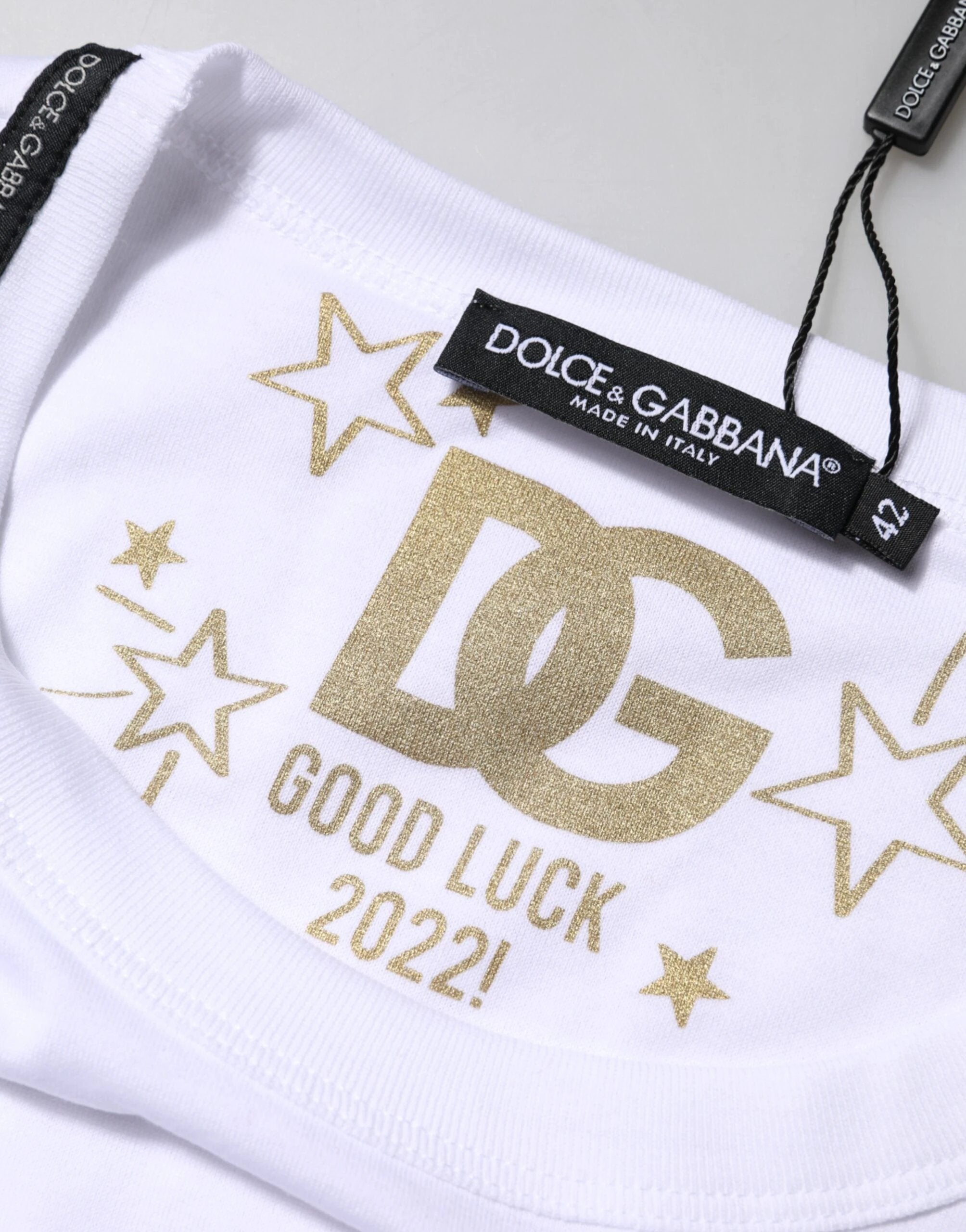 Dolce & Gabbana White Cotton Goodluck 2022 Crew Neck T-shirt by Dolce & Gabbana