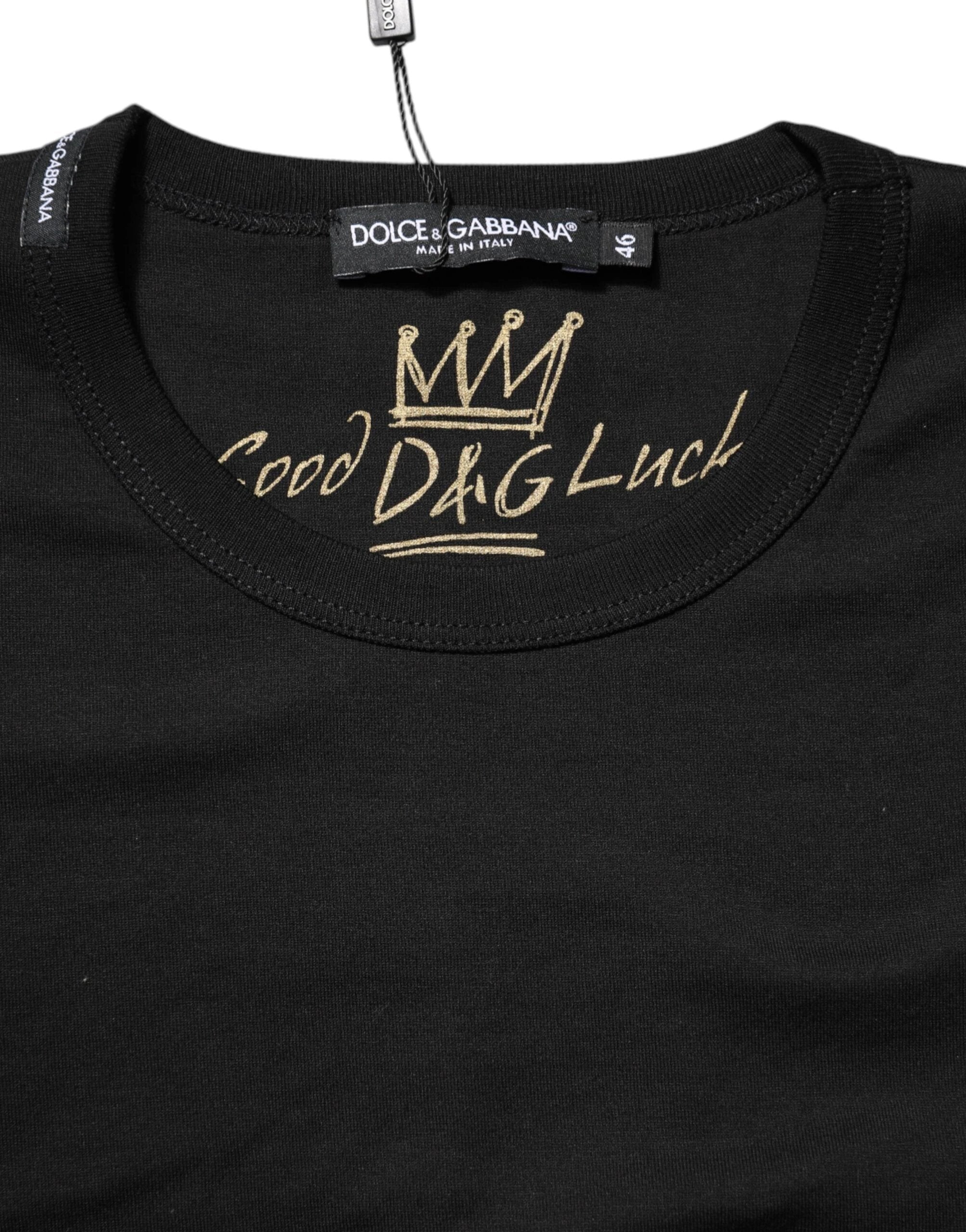 Dolce & Gabbana Black Cotton Goodluck Tee Crew Neck T-shirt by Dolce & Gabbana