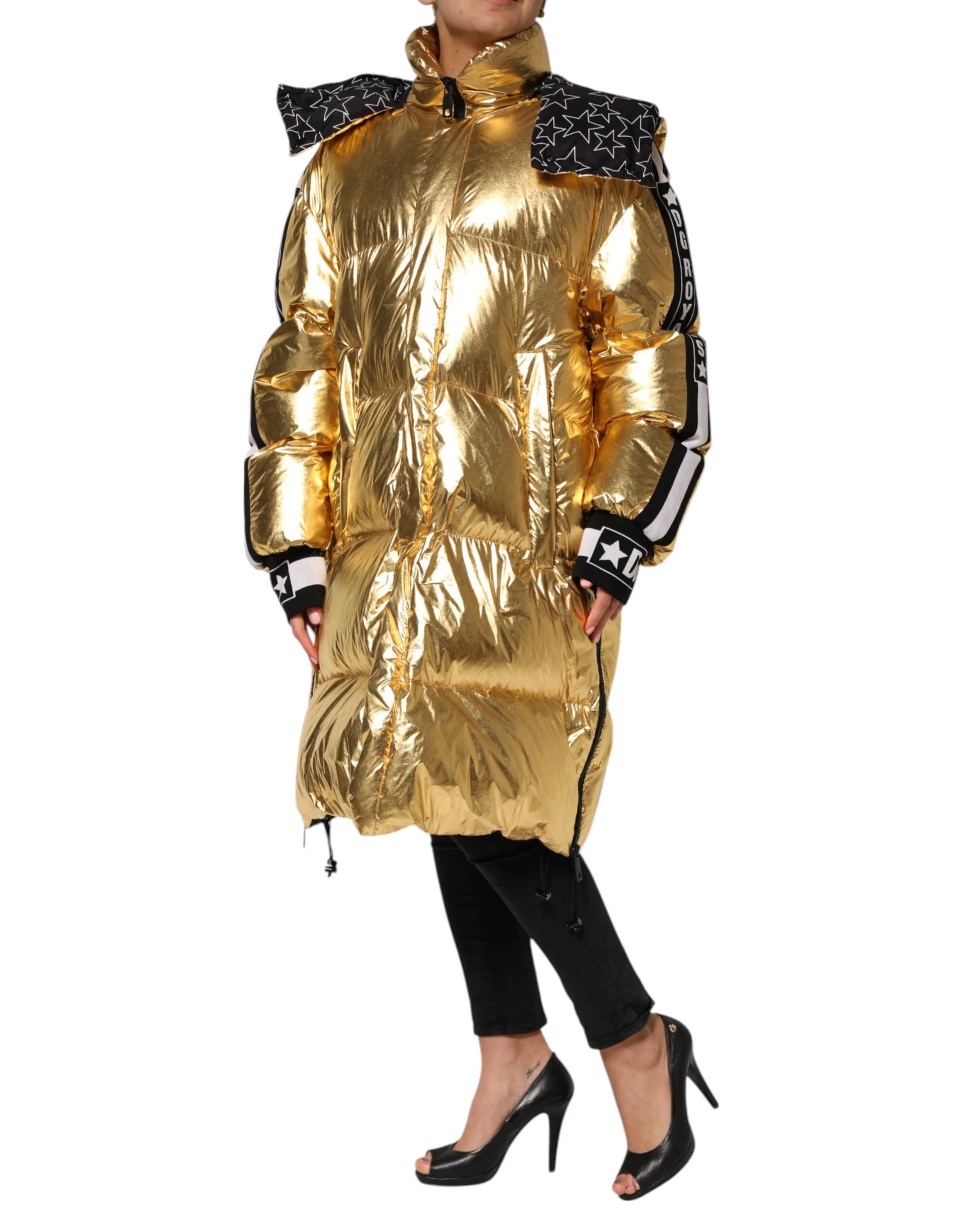 Dolce & Gabbana Gold Hooded Puffer Quilted Full Zip Jacket by Dolce & Gabbana