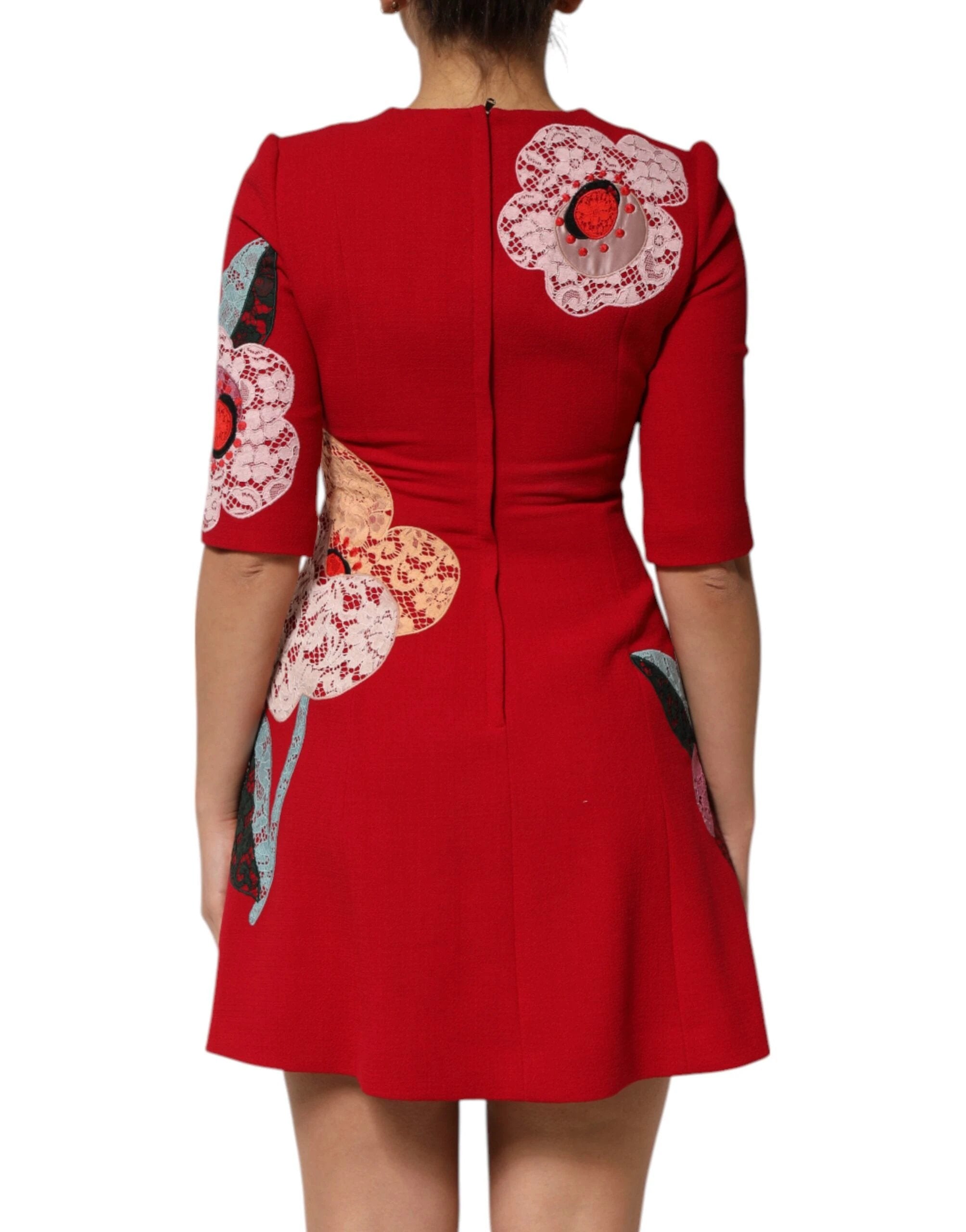 Dolce & Gabbana Red Lace Floral Applique A-line Mini Dress by Dolce & Gabbana