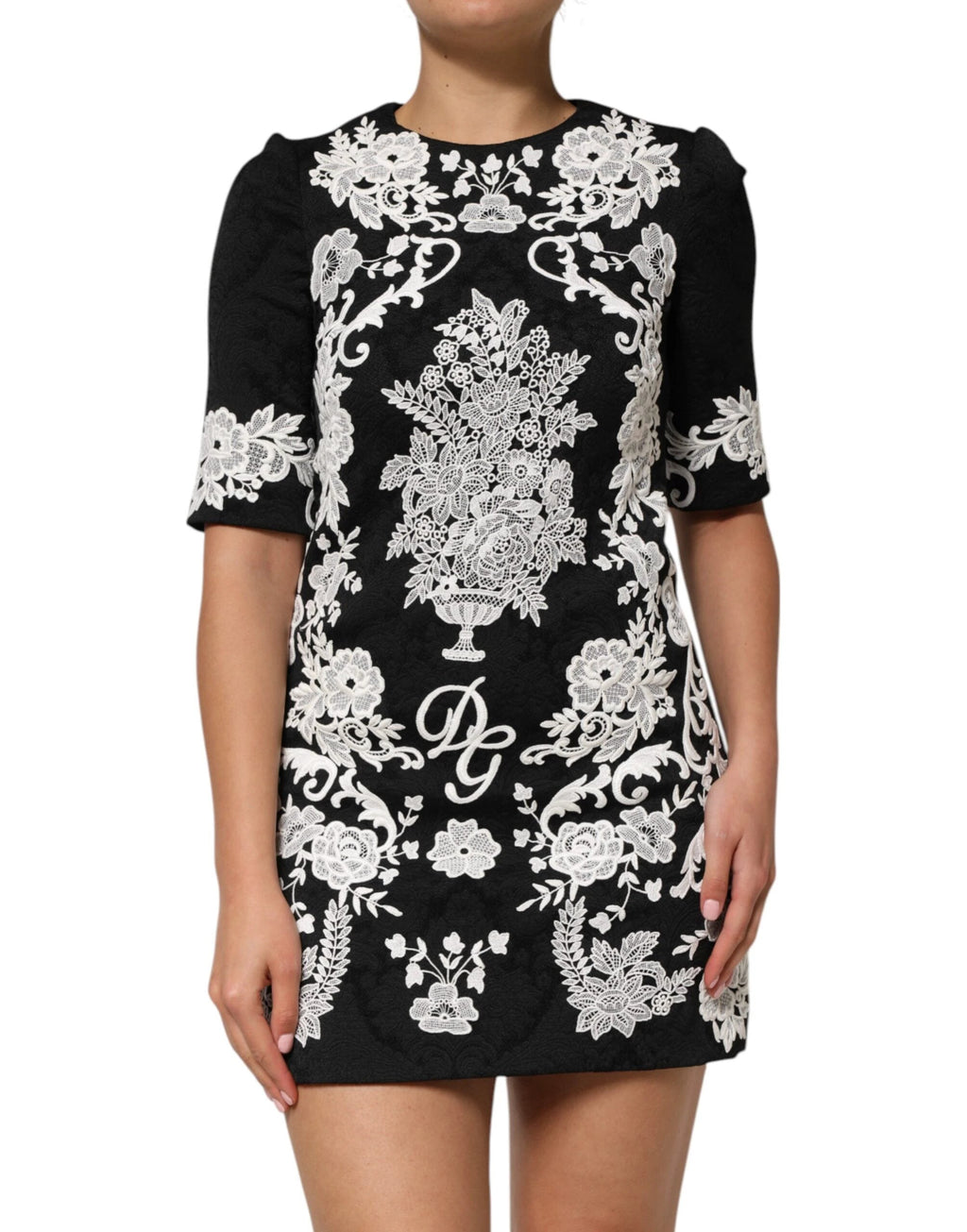 Dolce & Gabbana Black Lace Trim Short Sleeves A-line Dress by Dolce & Gabbana